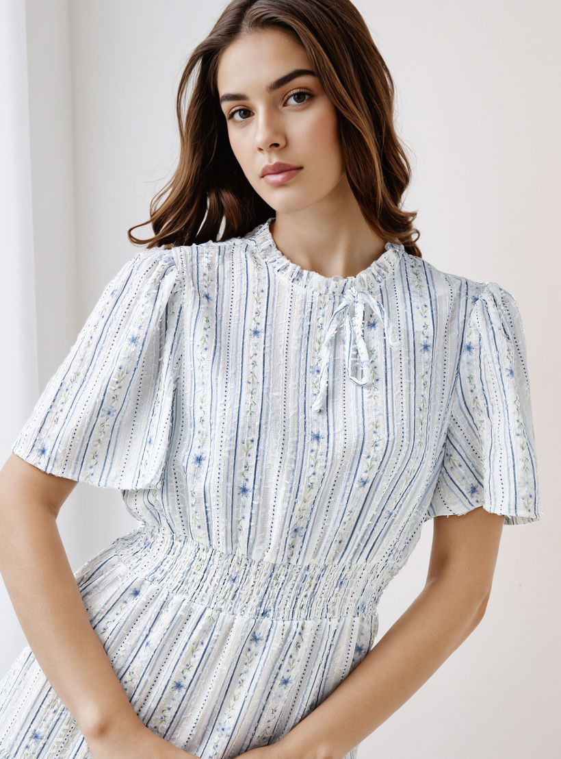Tiered Midi Textured Viscose Dress with Flutter Sleeves-women-clothing-dresses-image-4
