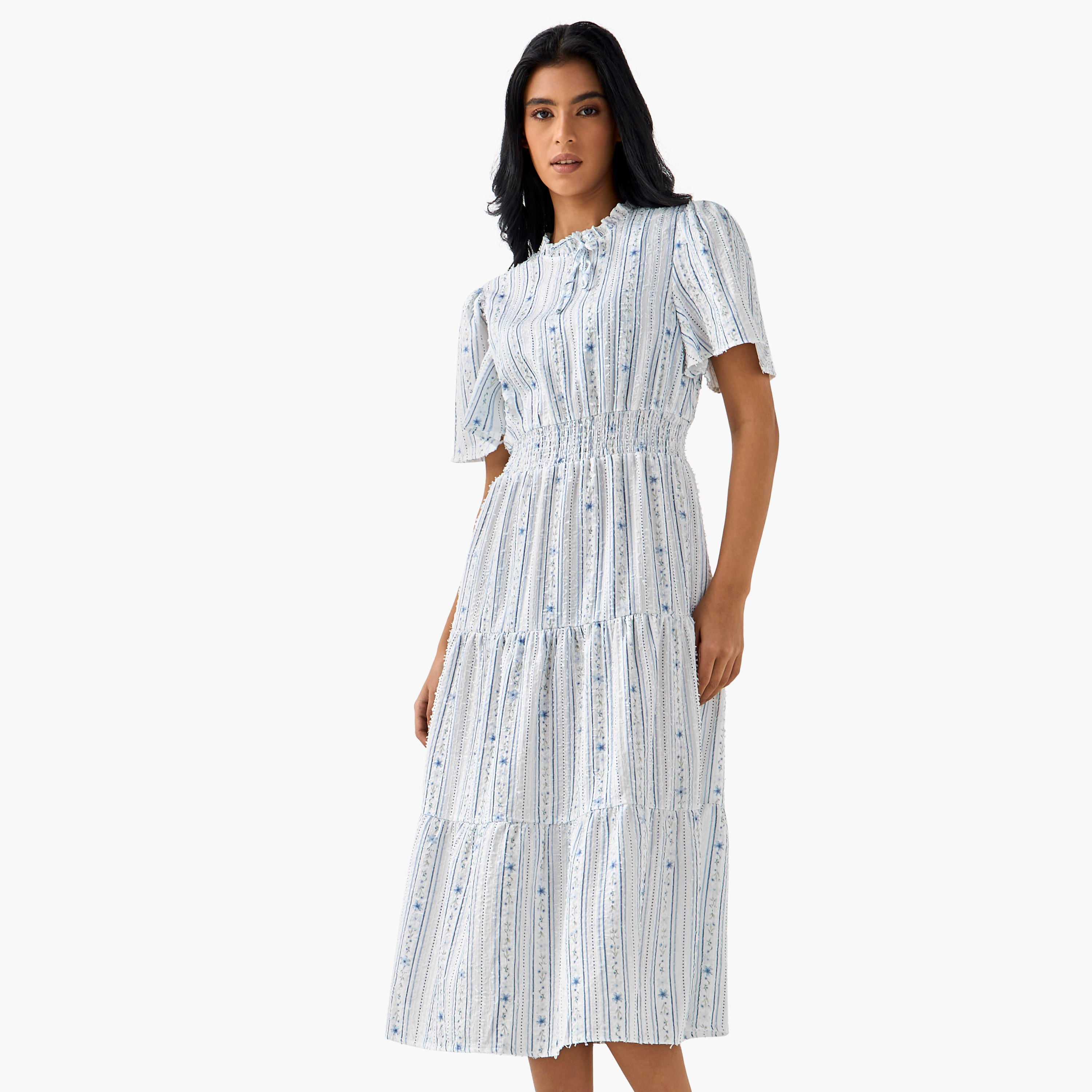 Tiered Midi Textured Viscose Dress with Flutter Sleeves-women-clothing-dresses-image-1
