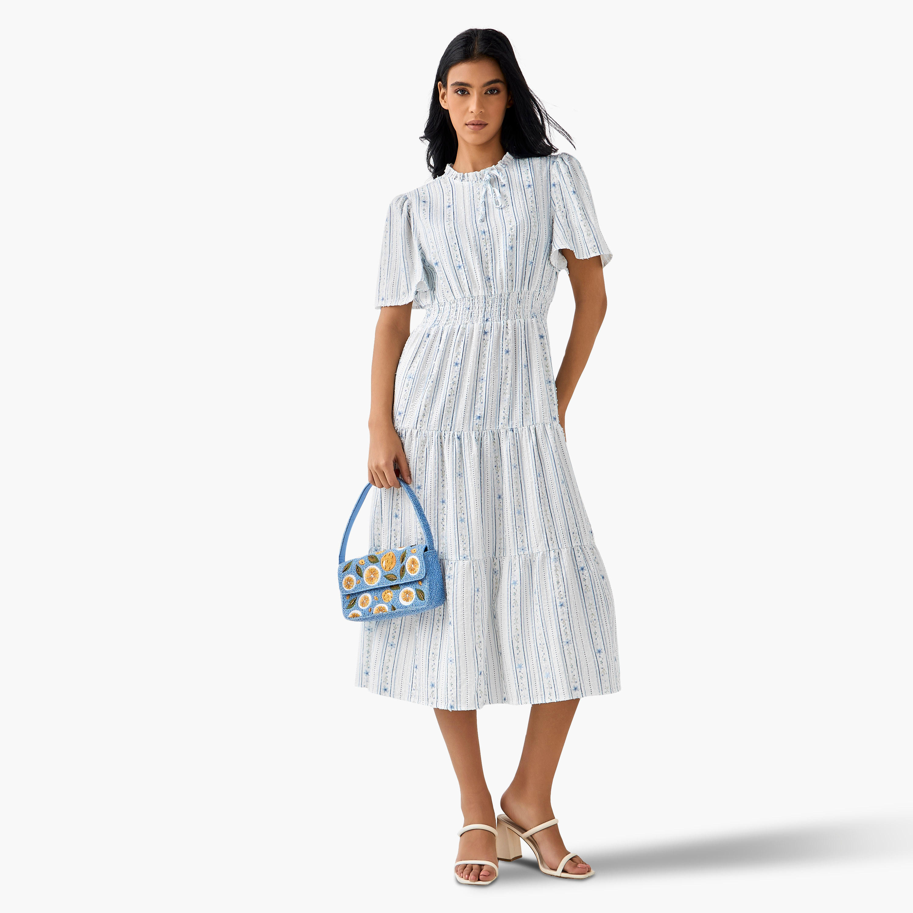 Tiered Midi Textured Viscose Dress with Flutter Sleeves-women-clothing-dresses-image-2