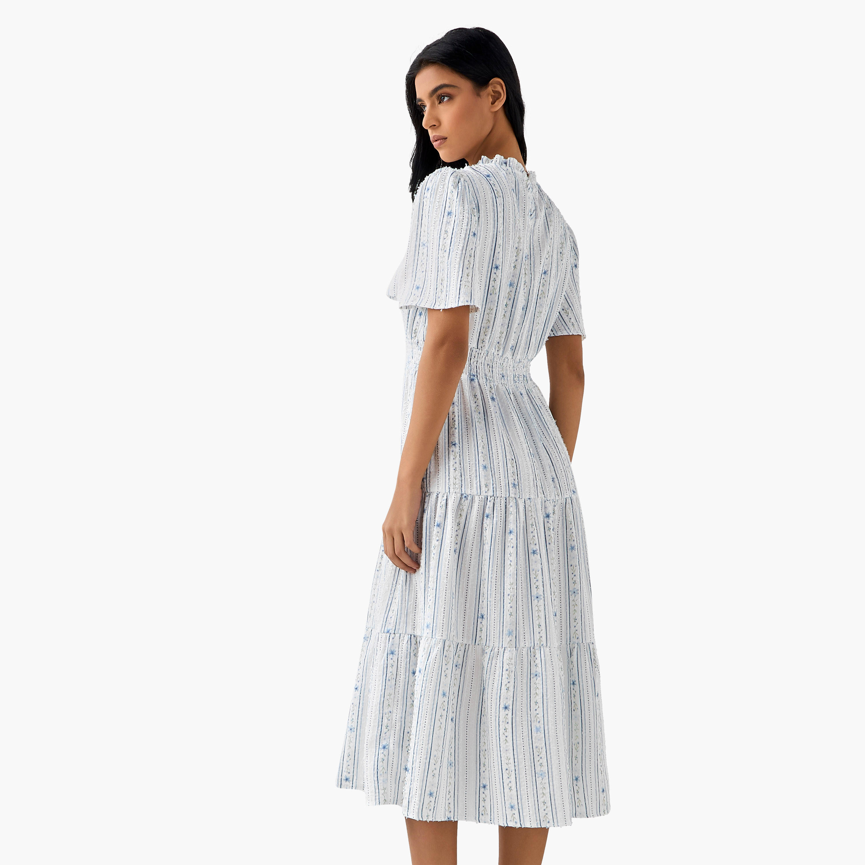 Tiered Midi Textured Viscose Dress with Flutter Sleeves-women-clothing-dresses-image-3