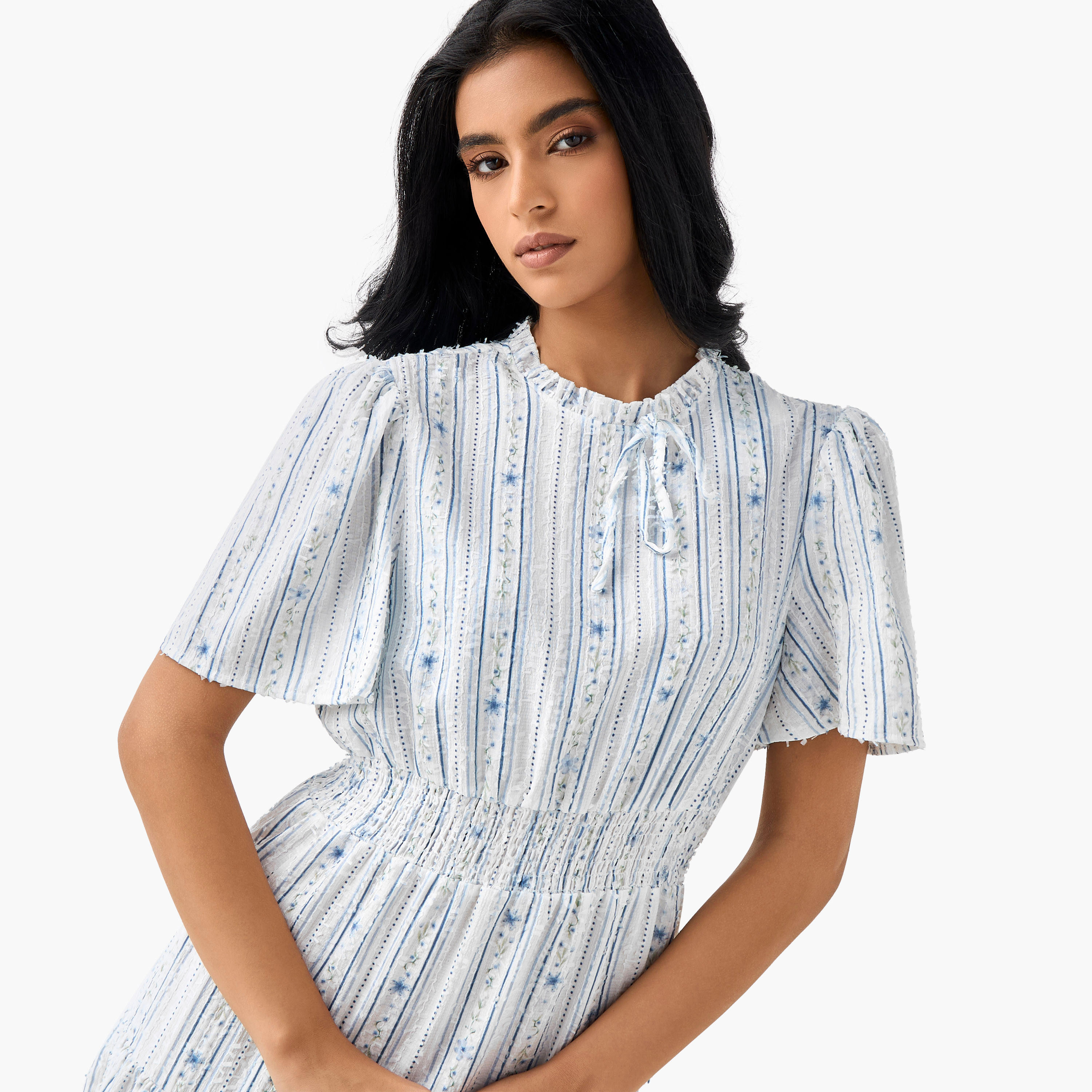 Tiered Midi Textured Viscose Dress with Flutter Sleeves-women-clothing-dresses-image-4
