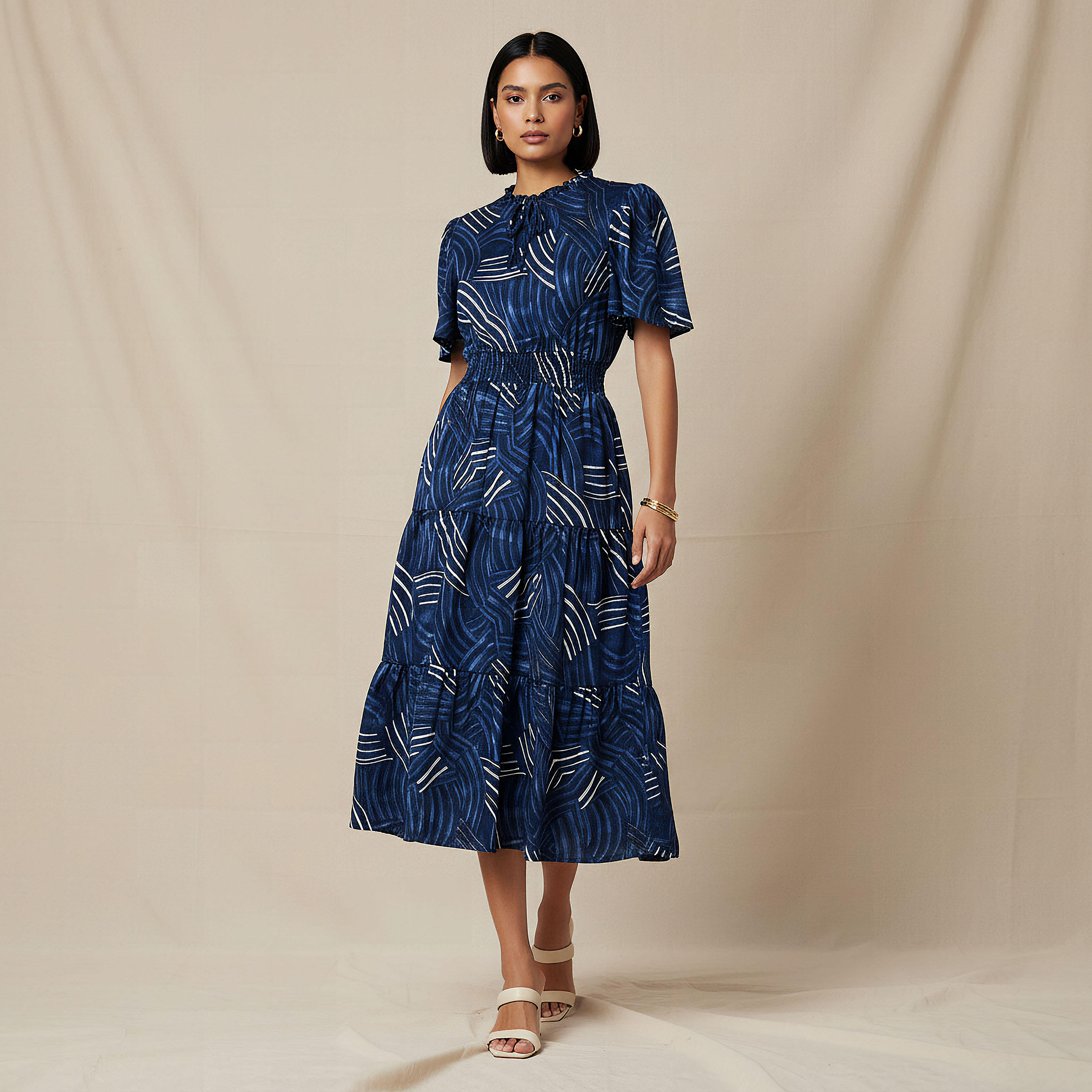 Tiered Midi Viscose Dress with Flutter Sleeves-women-clothing-dresses-image-1