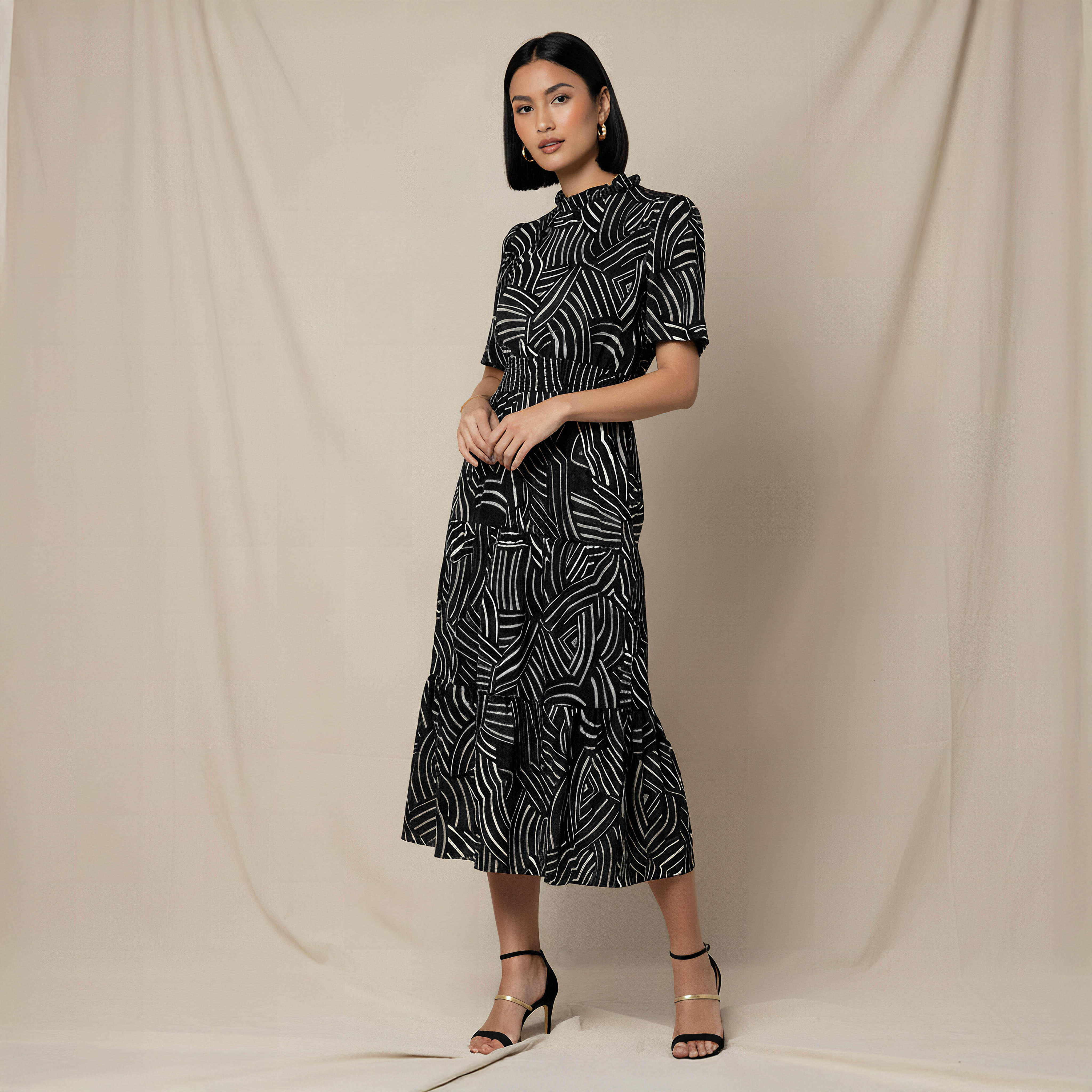 Tiered Midi Viscose Dress with Flutter Sleeves-women-clothing-dresses-image-1