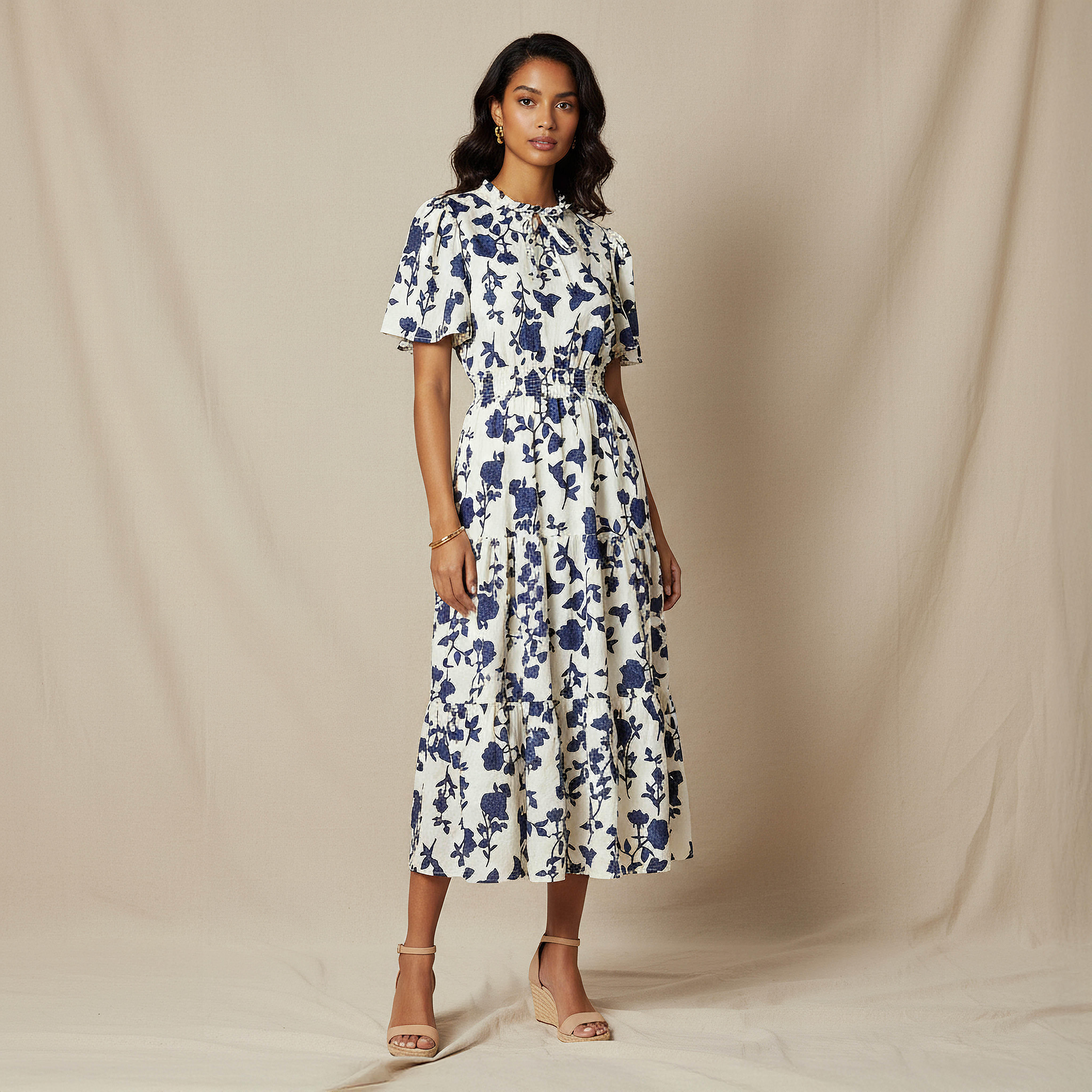Tiered Midi Denim Dress with Flutter Sleeves-women-clothing-dresses-image-1