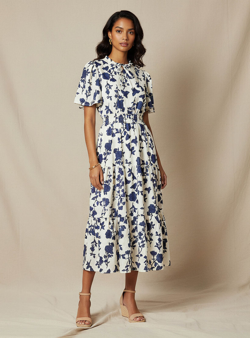 Tiered Midi Denim Dress with Flutter Sleeves-women-clothing-dresses-image-1