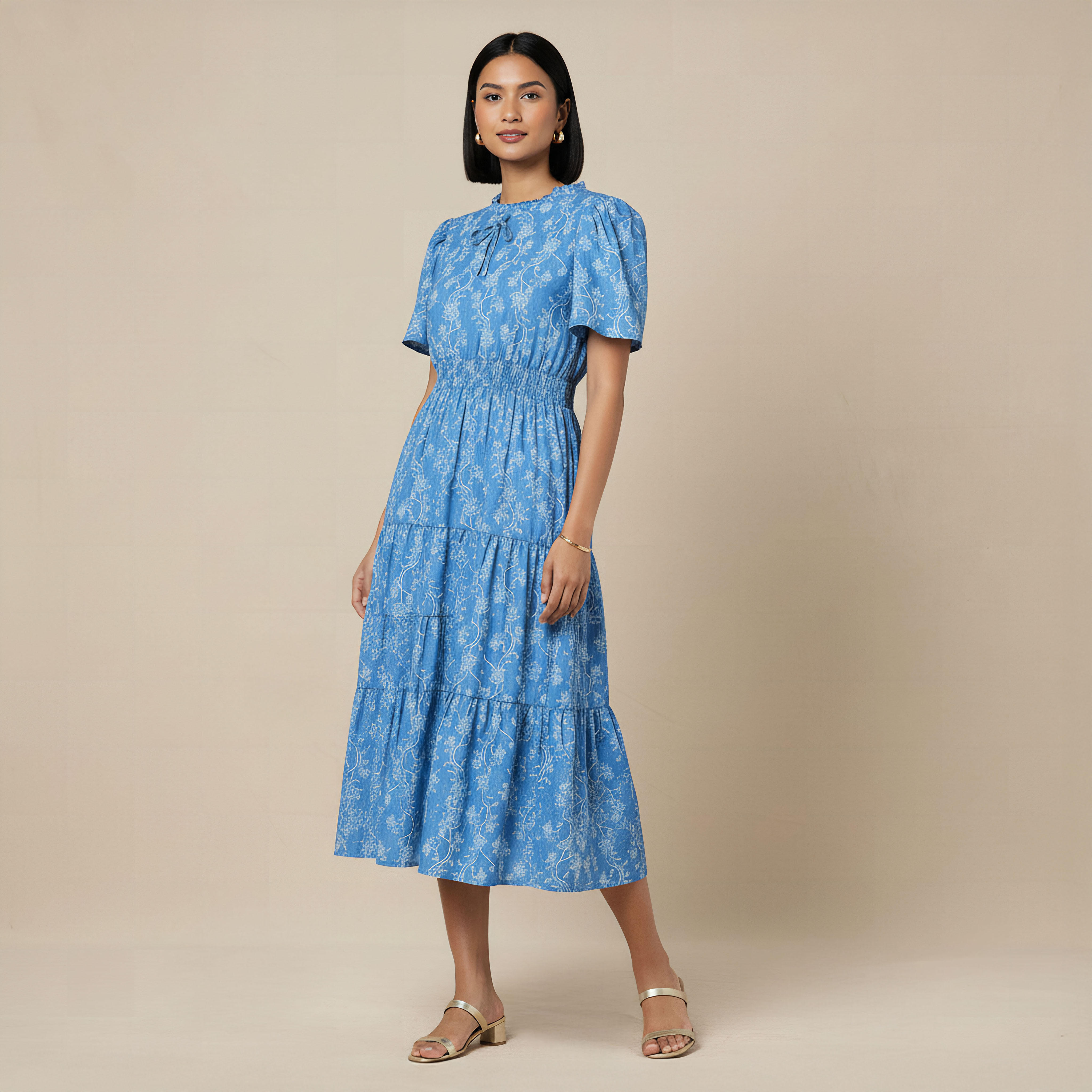 Tiered Midi Denim Dress with Flutter Sleeves-women-clothing-dresses-image-1