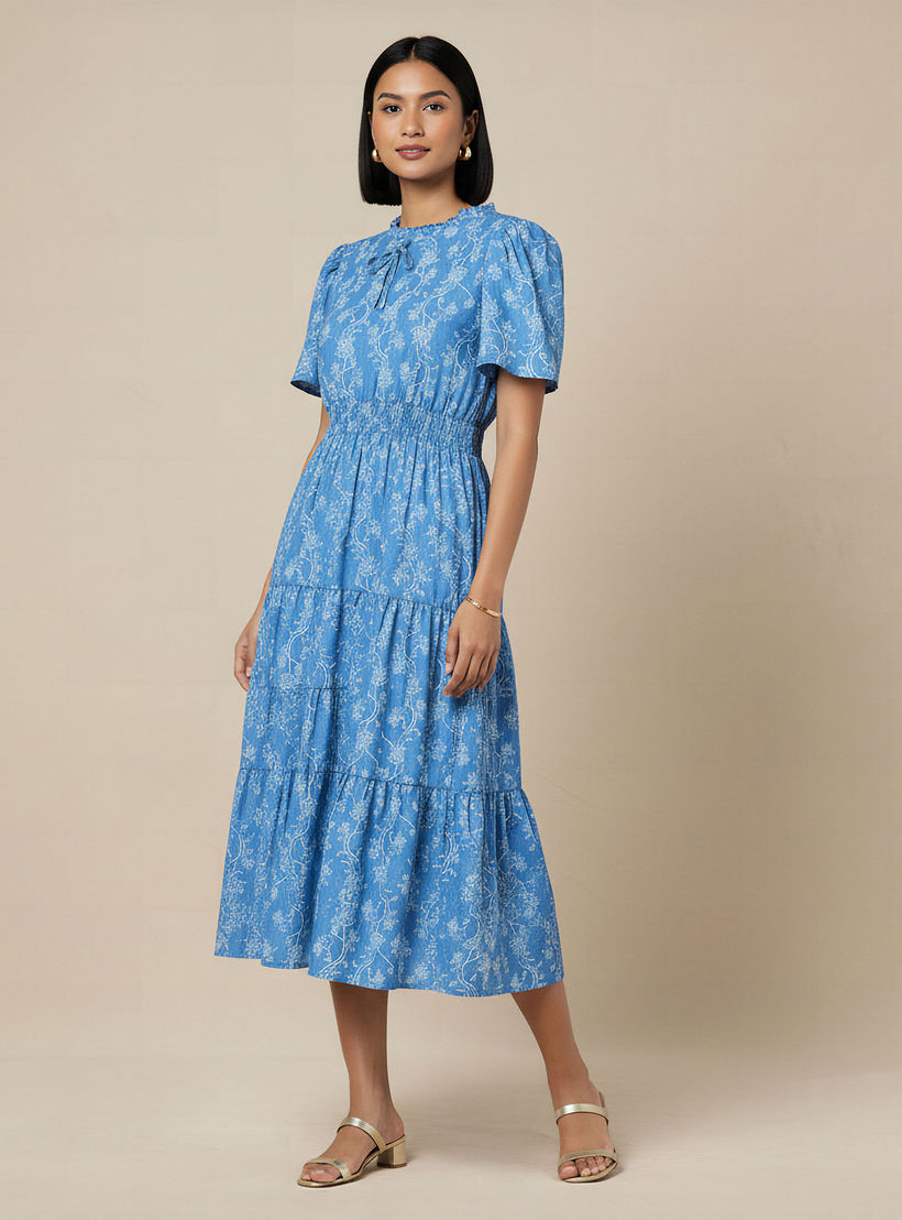Tiered Midi Denim Dress with Flutter Sleeves-women-clothing-dresses-image-1