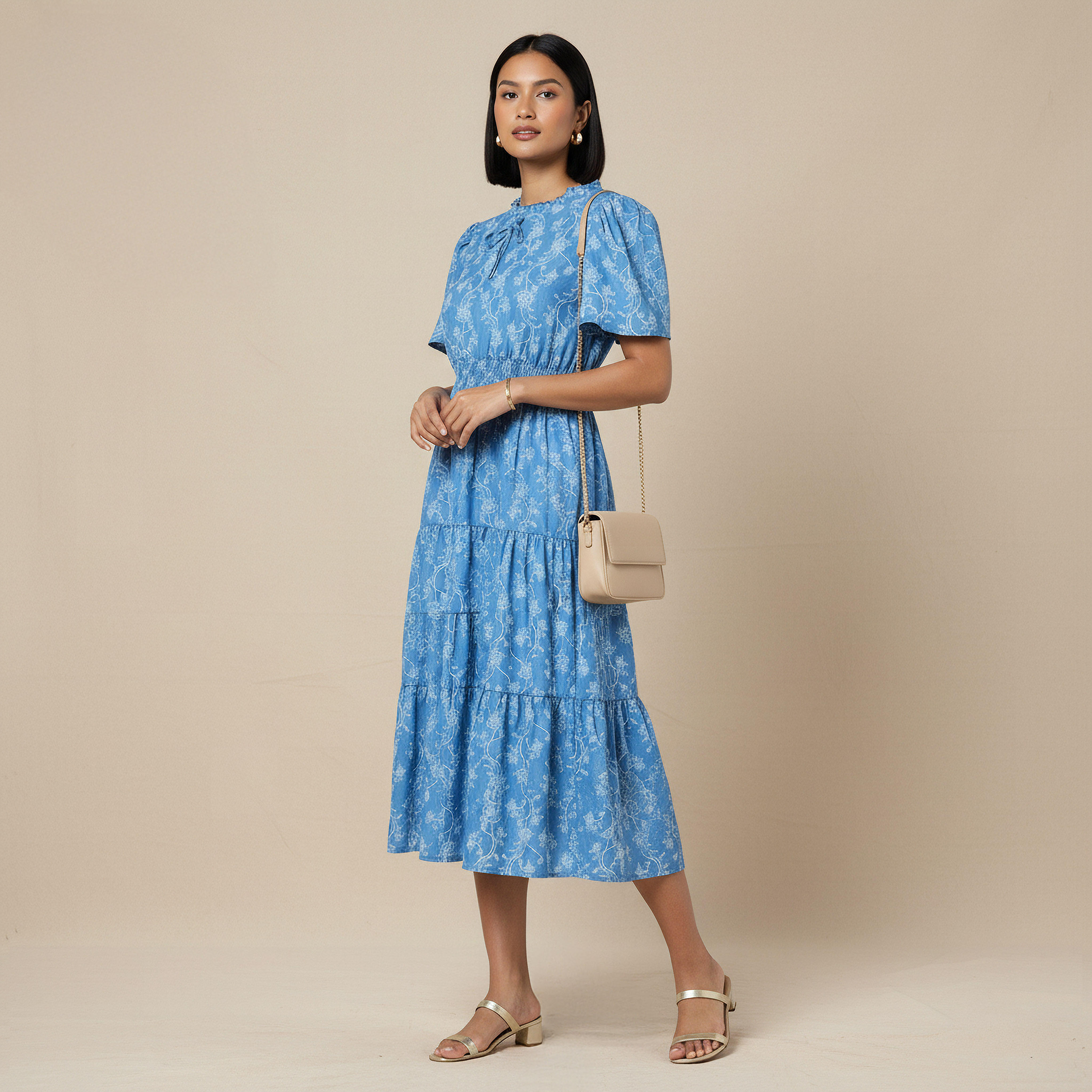 Tiered Midi Denim Dress with Flutter Sleeves-women-clothing-dresses-image-2