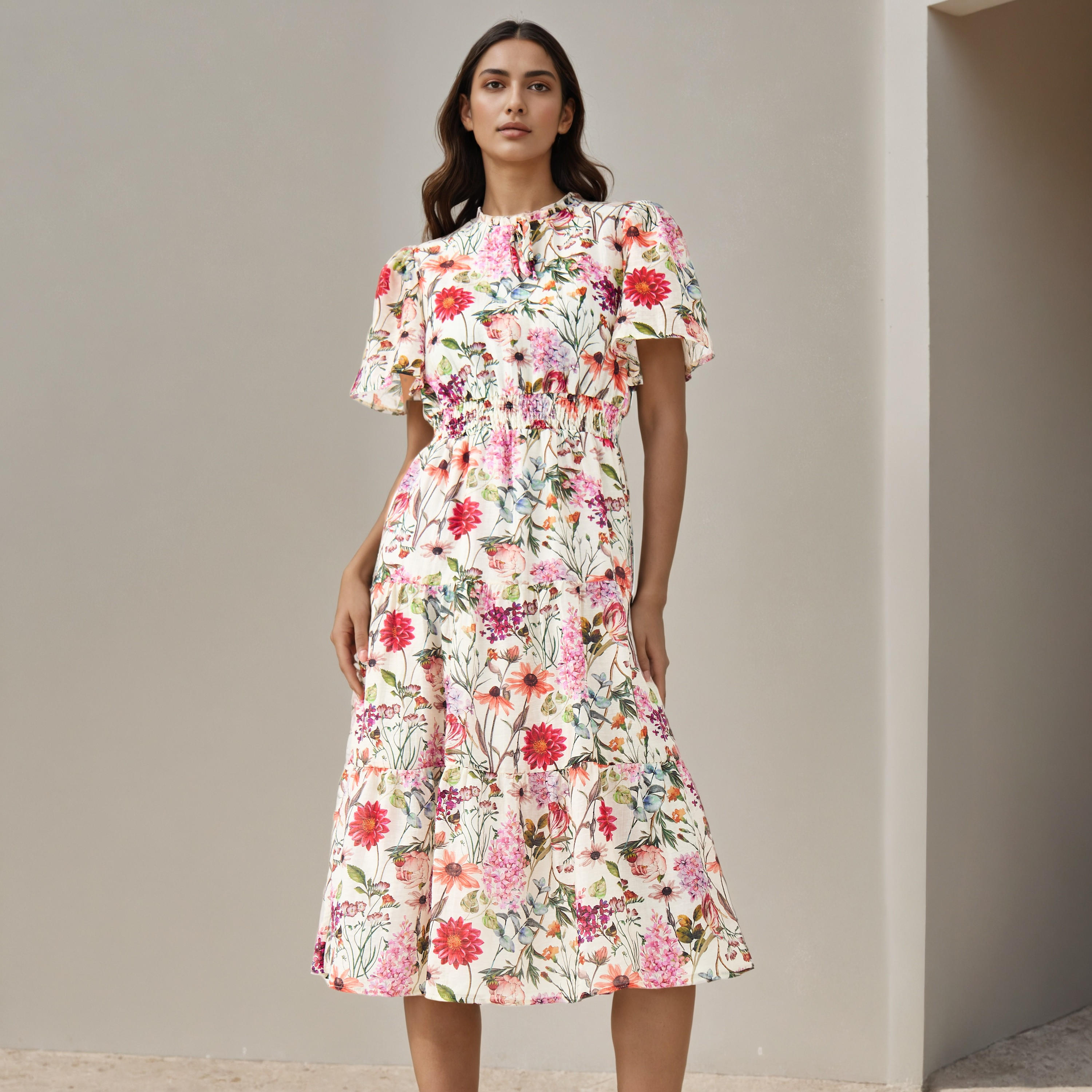 Tiered Midi Denim Dress with Flutter Sleeves-women-clothing-dresses-image-1