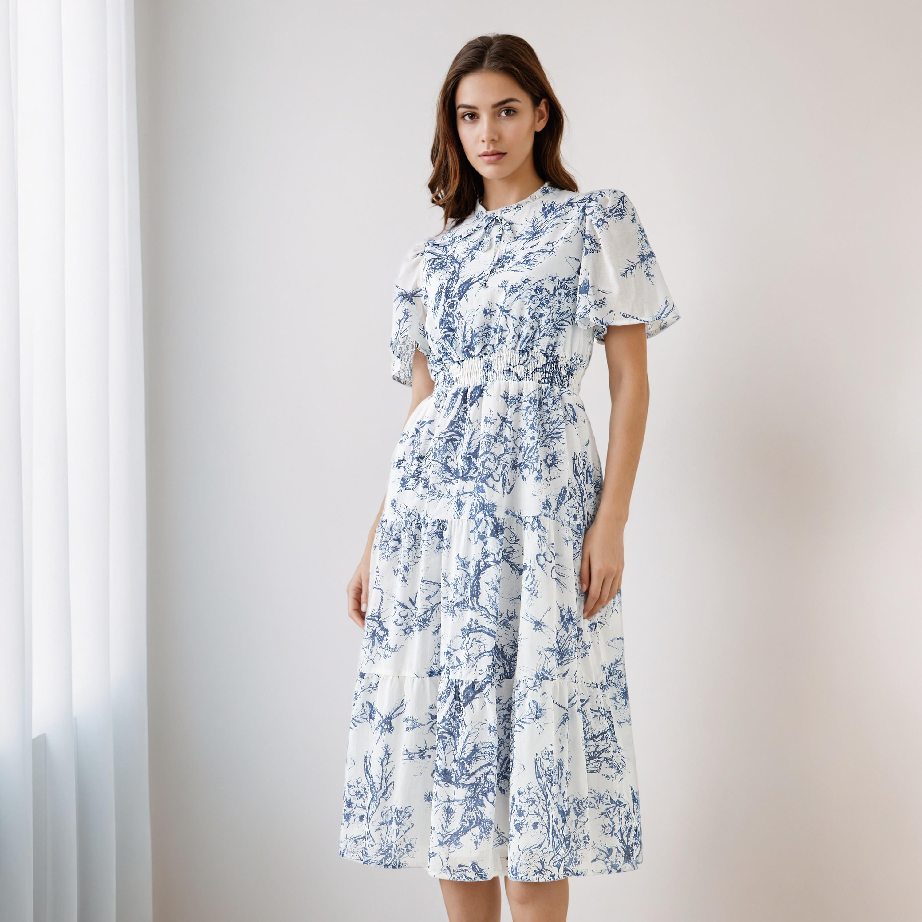 Tiered Midi Denim Dress with Flutter Sleeves-women-clothing-dresses-image-1