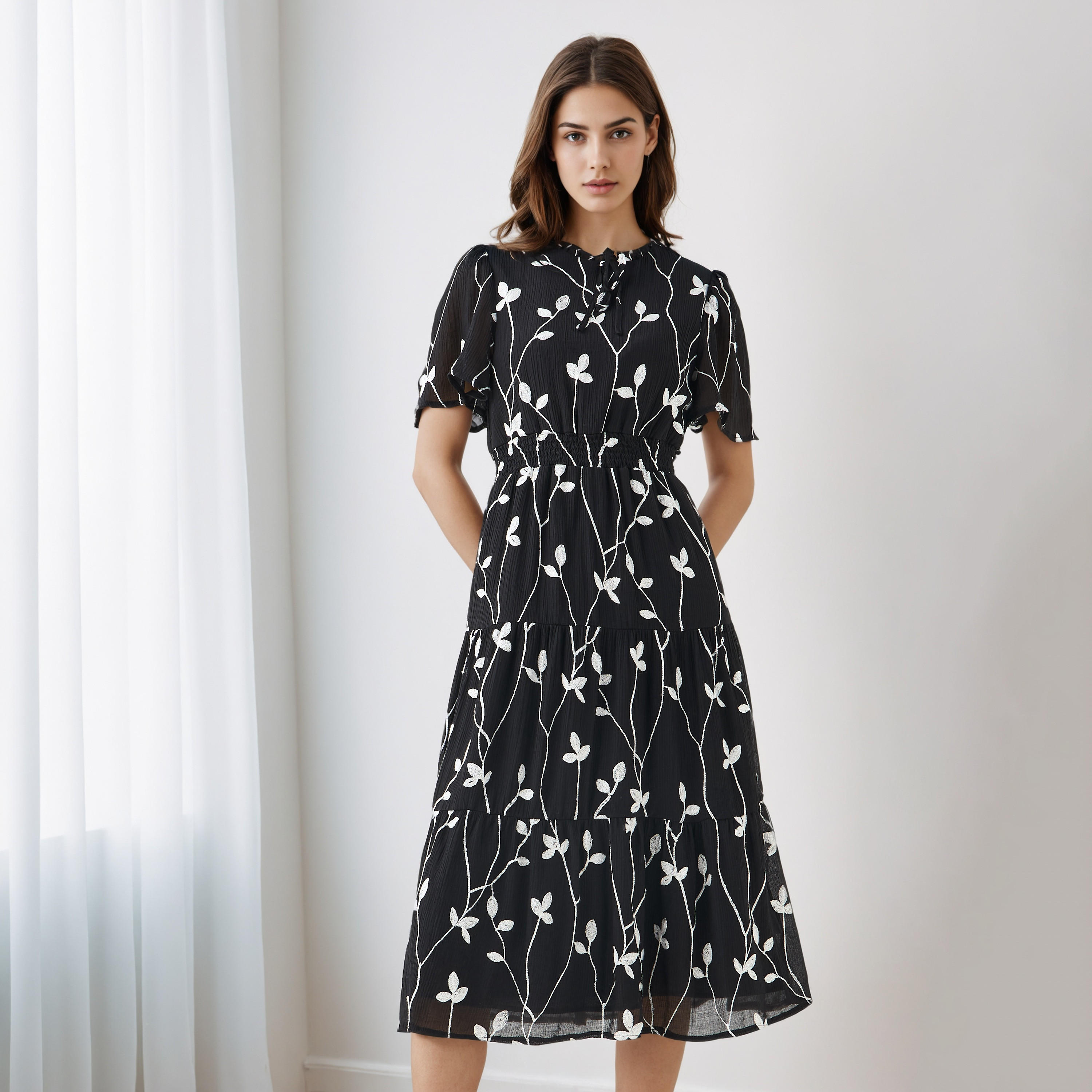 Embroidered Tiered Midi Viscose Dress with Flutter Sleeves-women-clothing-dresses-image-1