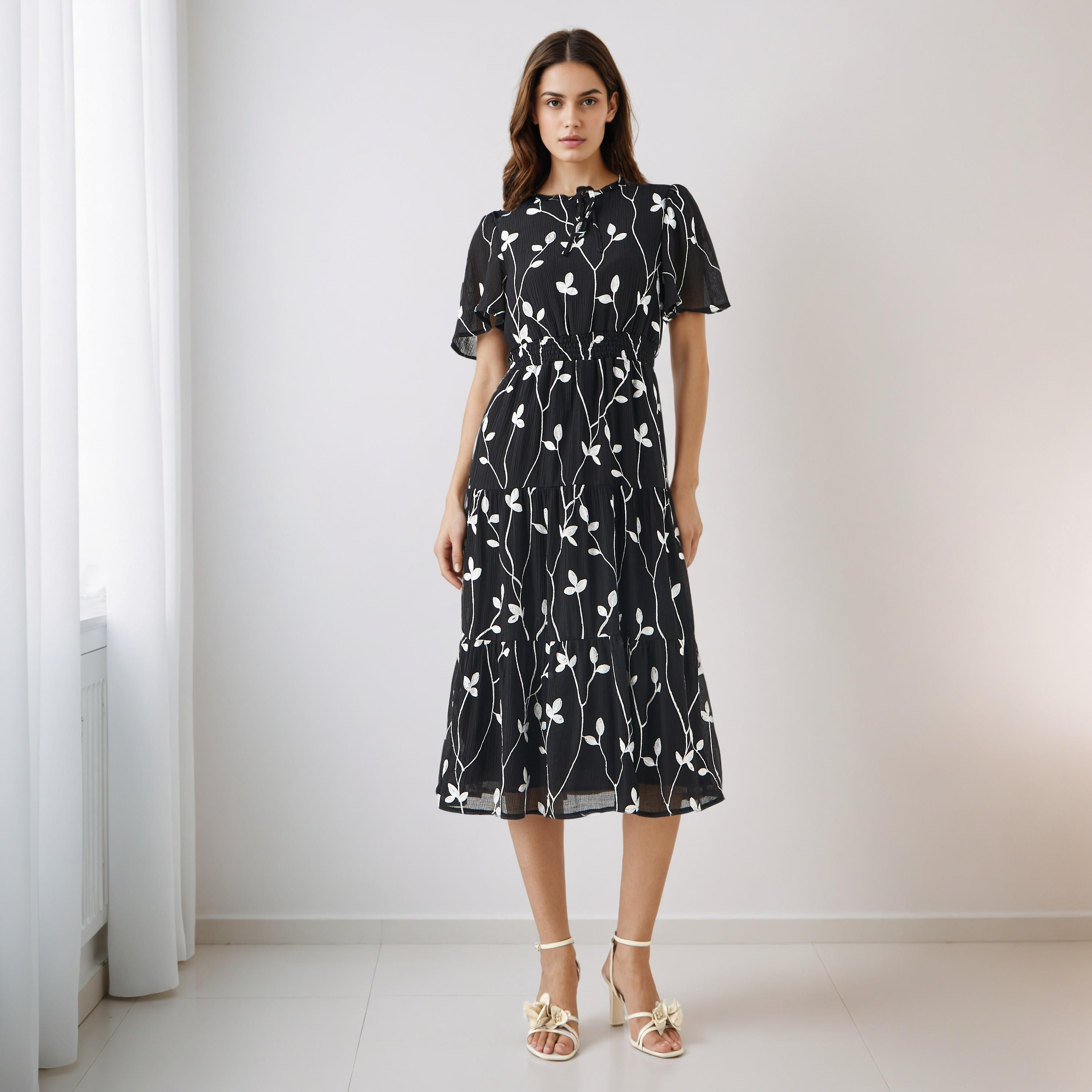 Embroidered Tiered Midi Viscose Dress with Flutter Sleeves-women-clothing-dresses-image-2
