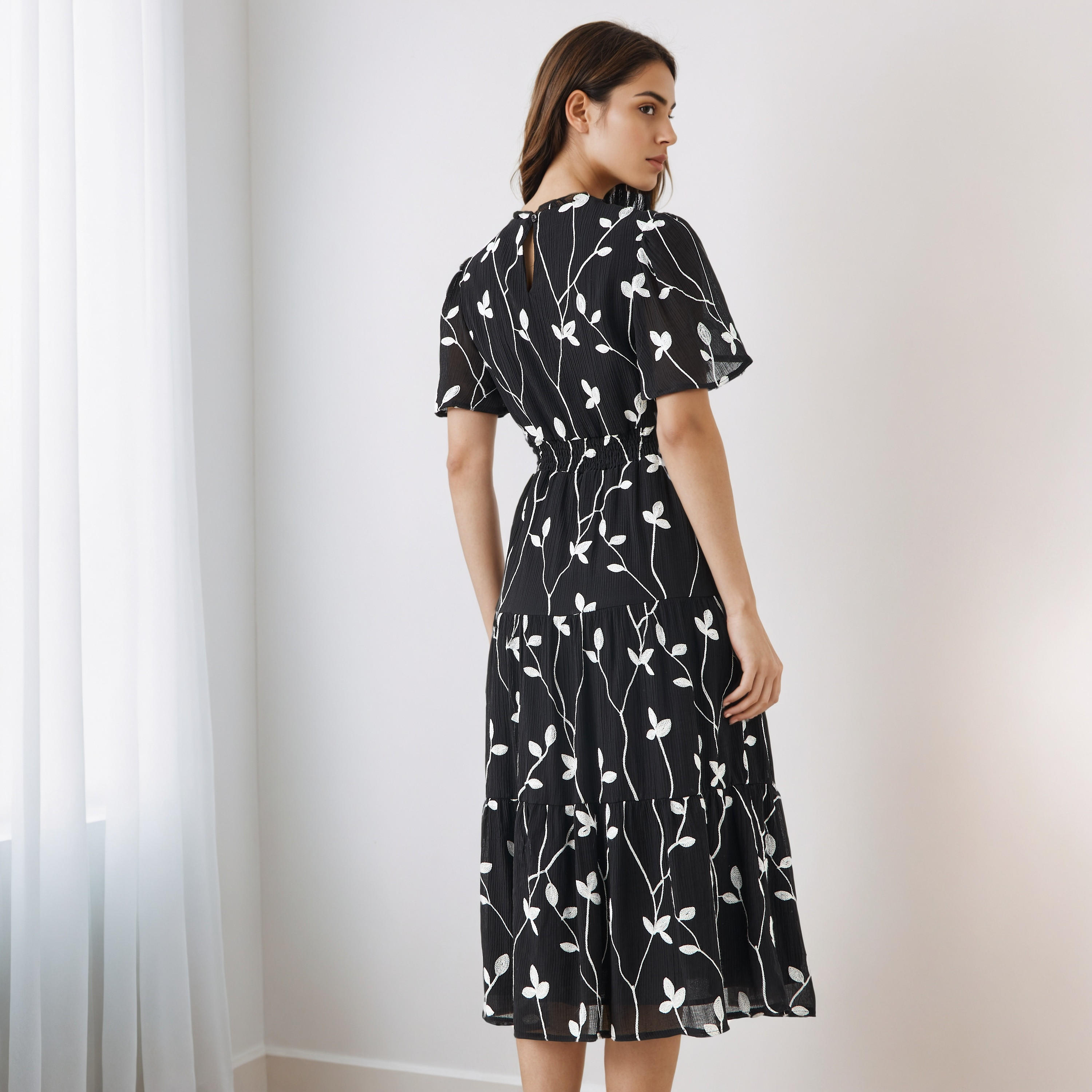 Embroidered Tiered Midi Viscose Dress with Flutter Sleeves-women-clothing-dresses-image-3