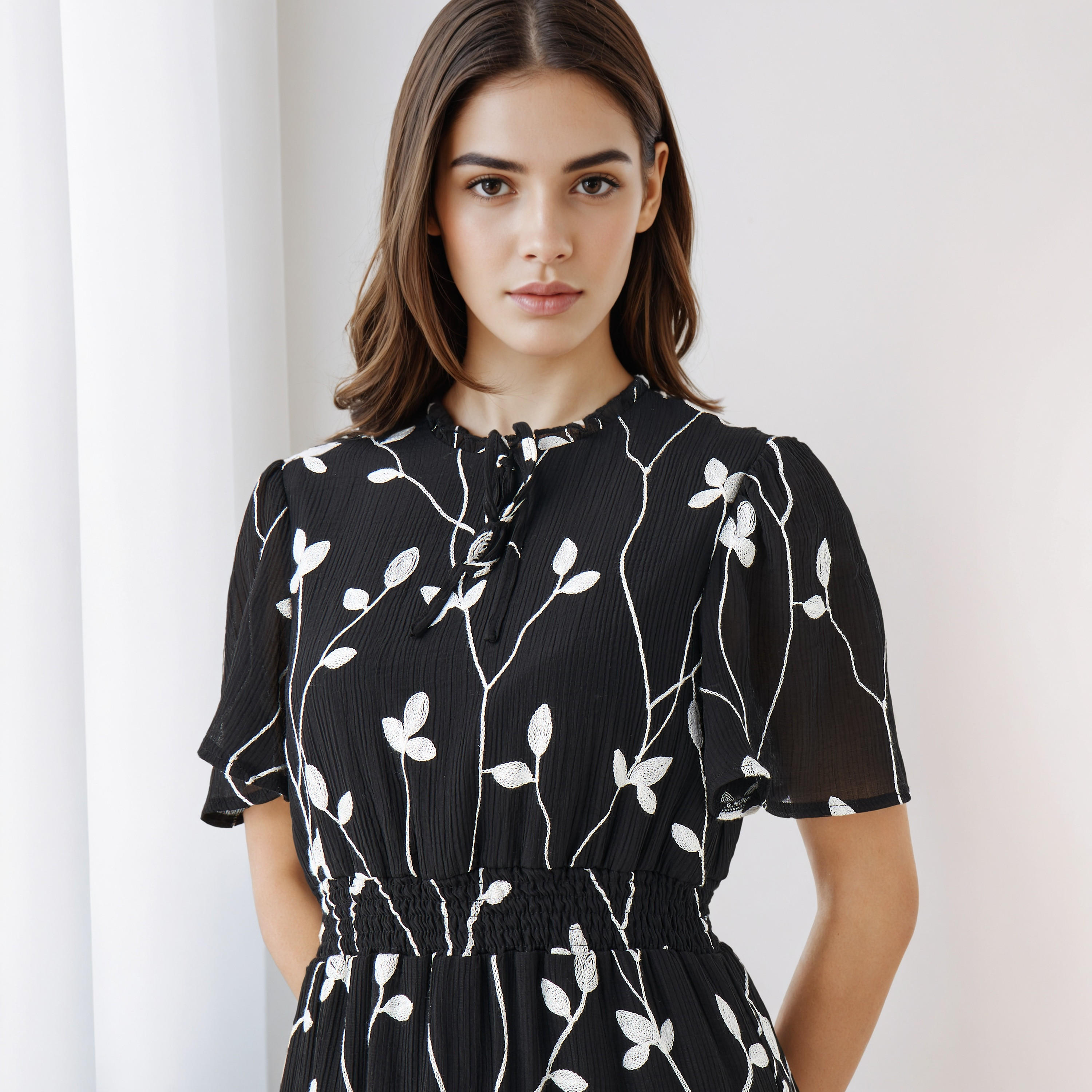 Embroidered Tiered Midi Viscose Dress with Flutter Sleeves-women-clothing-dresses-image-4