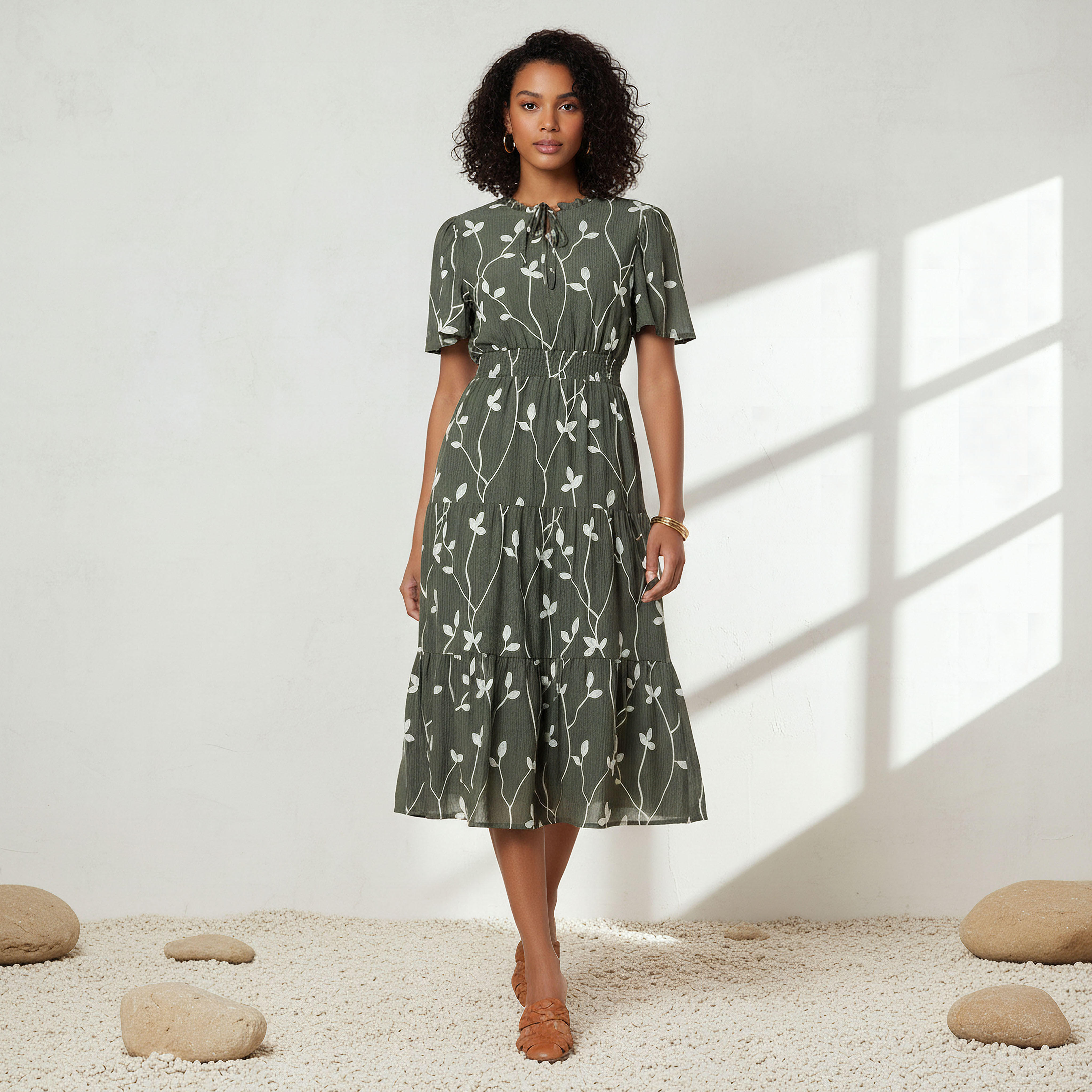 Embroidered Tiered Midi Viscose Dress with Flutter Sleeves-women-clothing-dresses-image-1