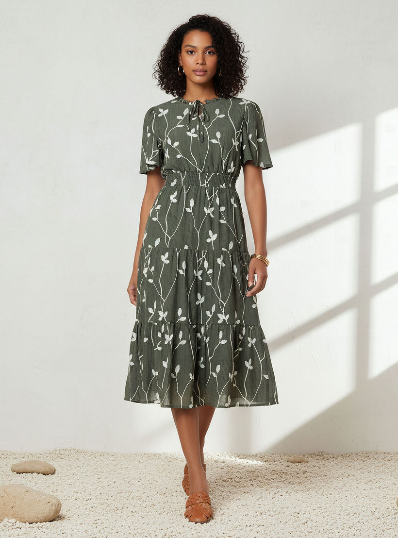 Embroidered Tiered Midi Viscose Dress with Flutter Sleeves-women-clothing-dresses-image-1