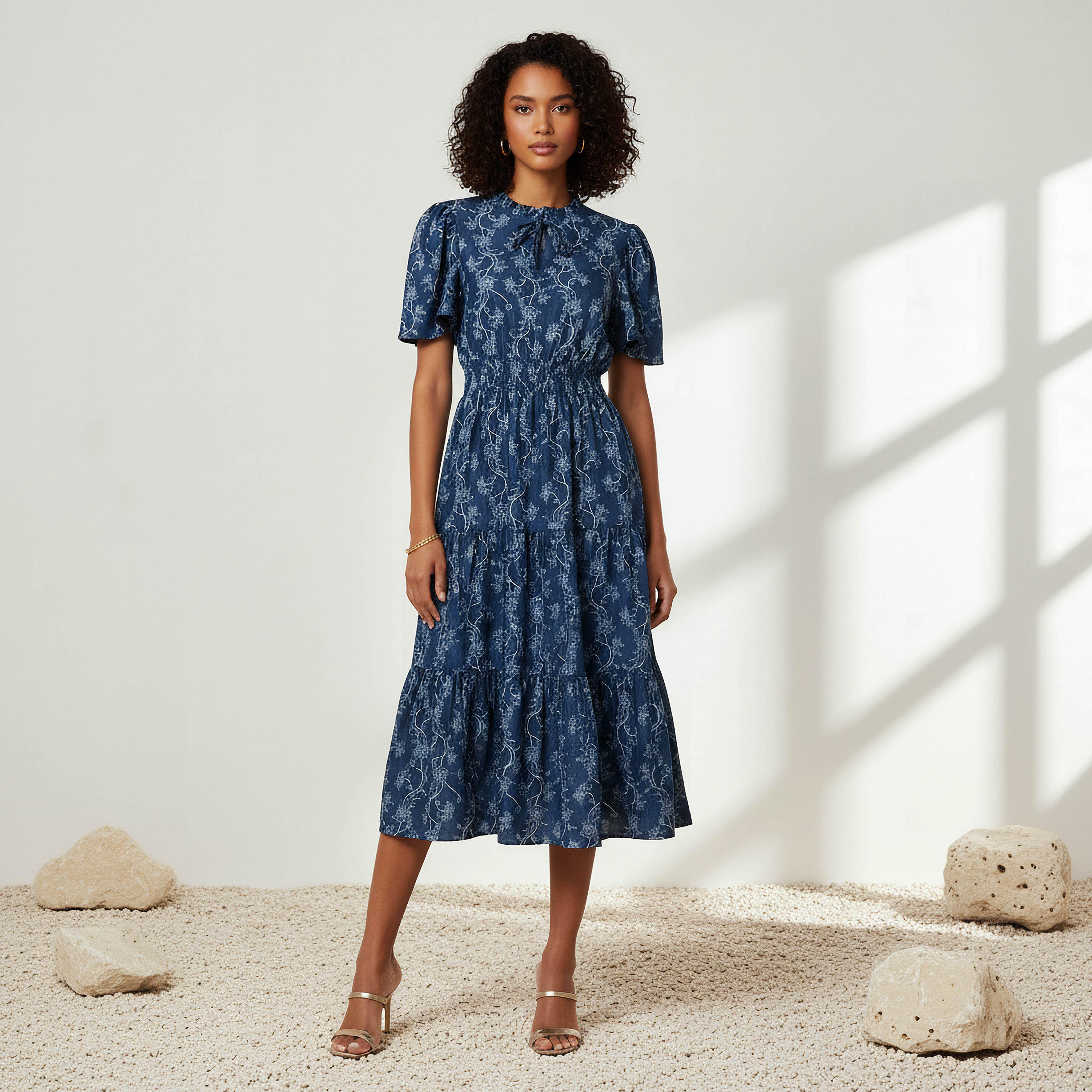 Tiered Midi Denim Dress with Flutter Sleeves-women-clothing-dresses-image-1