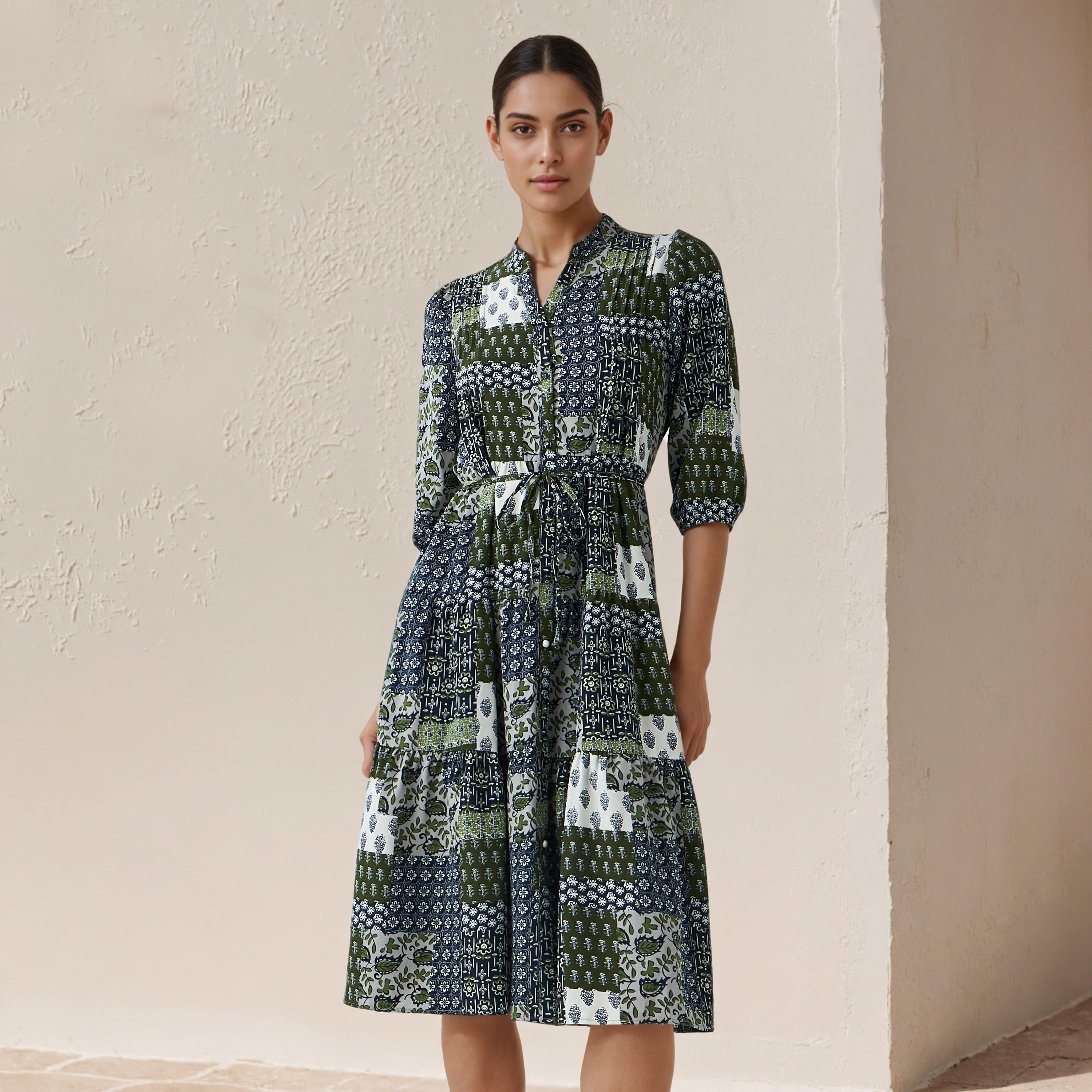 A-line Knee-Length Viscose Dress with Tie-Up Belt-women-clothing-dresses-image-1