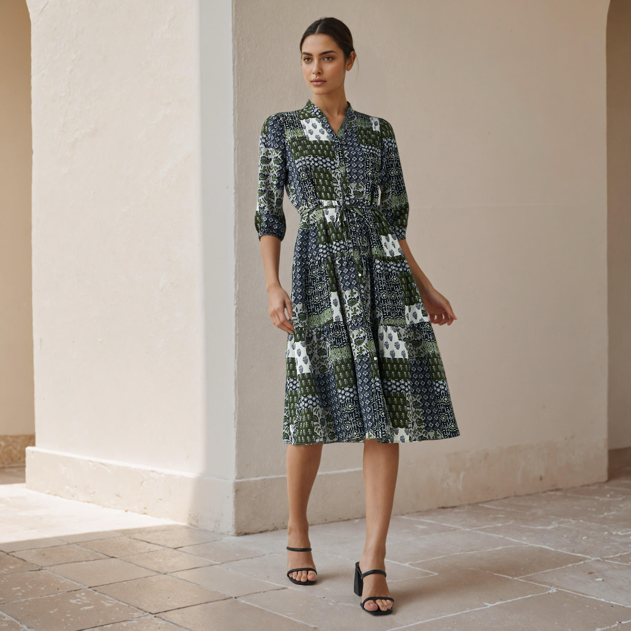 فستان فيسكوز بقصّة إيه-لاين بطول الركبة مع حزام ربطة عند الخصر-women-clothing-dresses-image-2