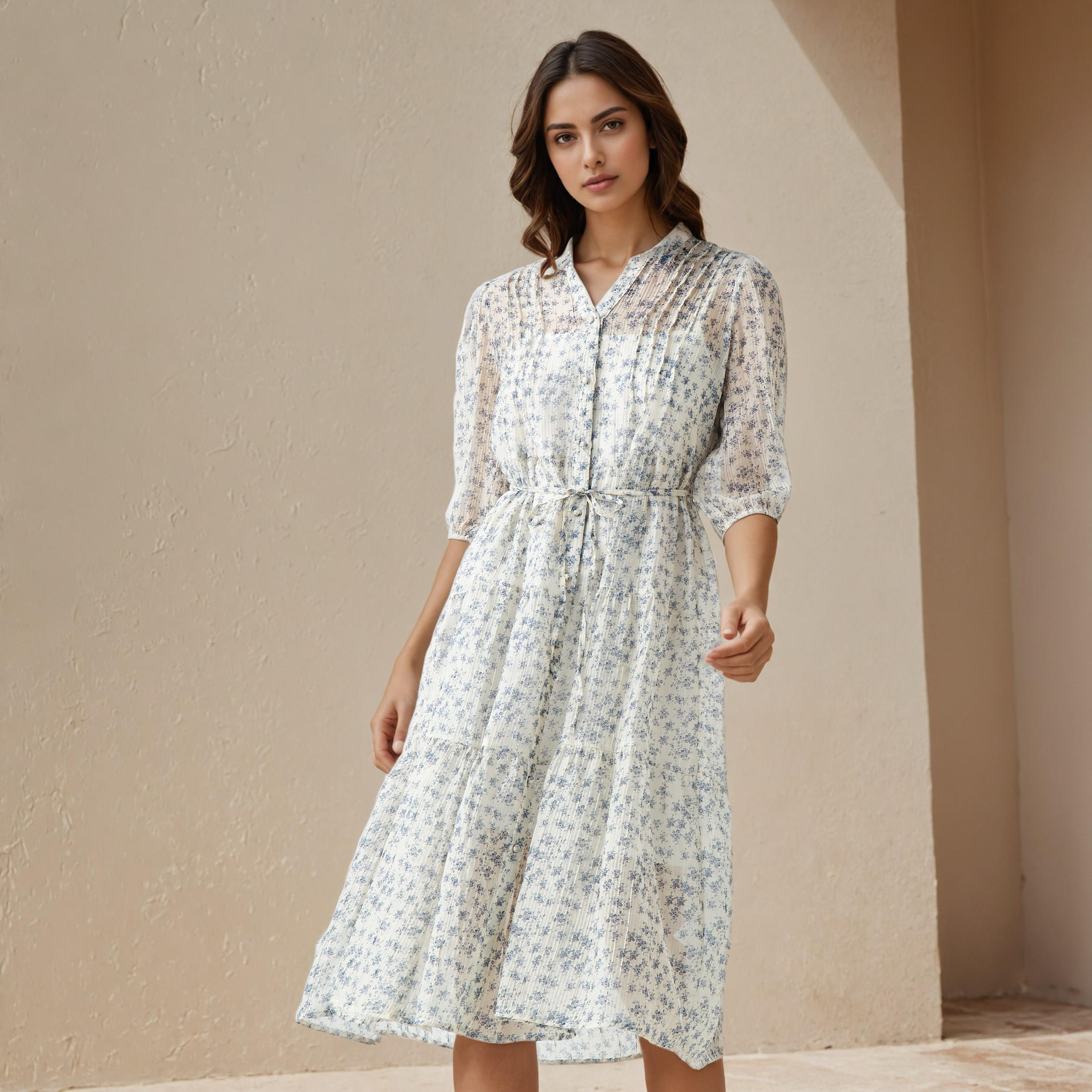 Floral Print Midi Women Dress with Pintuck Detail-women-clothing-dresses-image-1