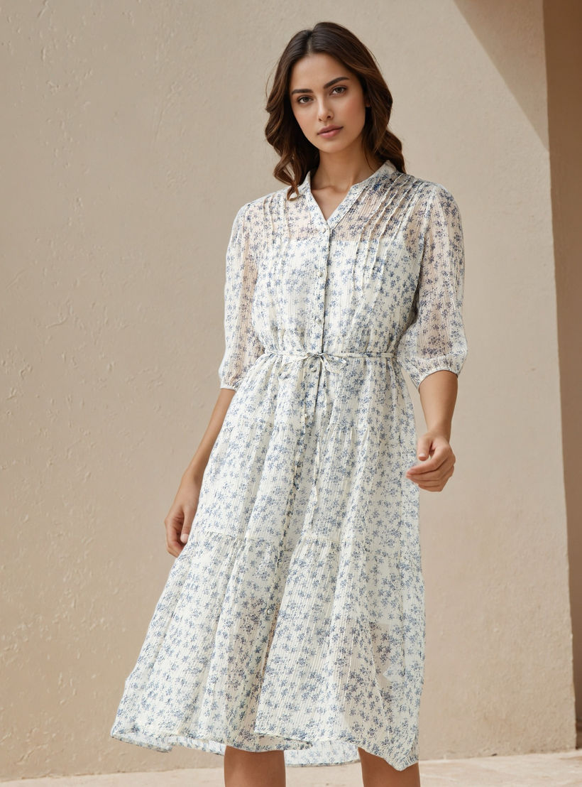 Floral Print Midi Women Dress with Pintuck Detail-women-clothing-dresses-image-1