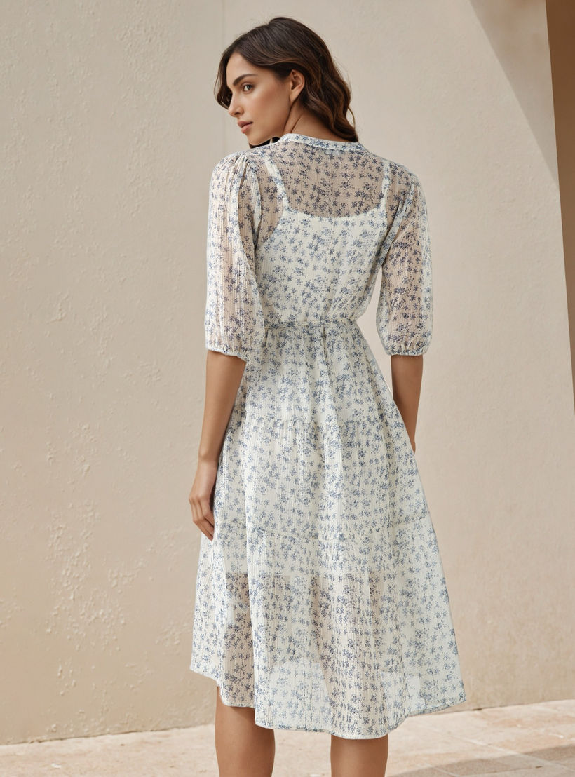 Floral Print Midi Women Dress with Pintuck Detail-women-clothing-dresses-image-3