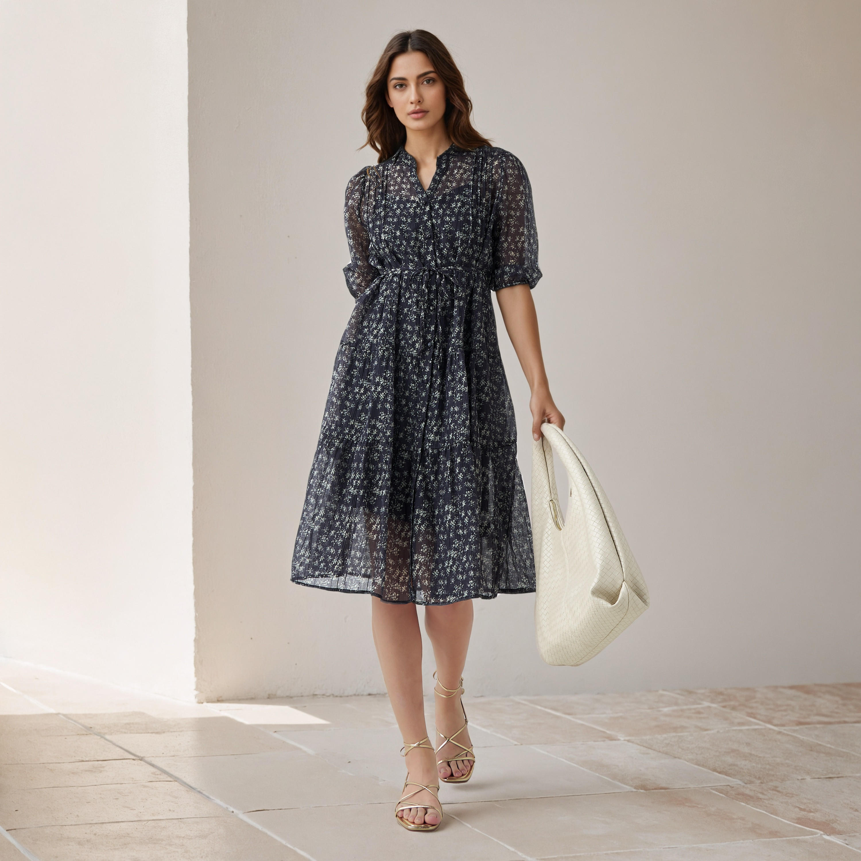 Floral Print Midi Women Dress with Pintuck Detail-women-clothing-dresses-image-2