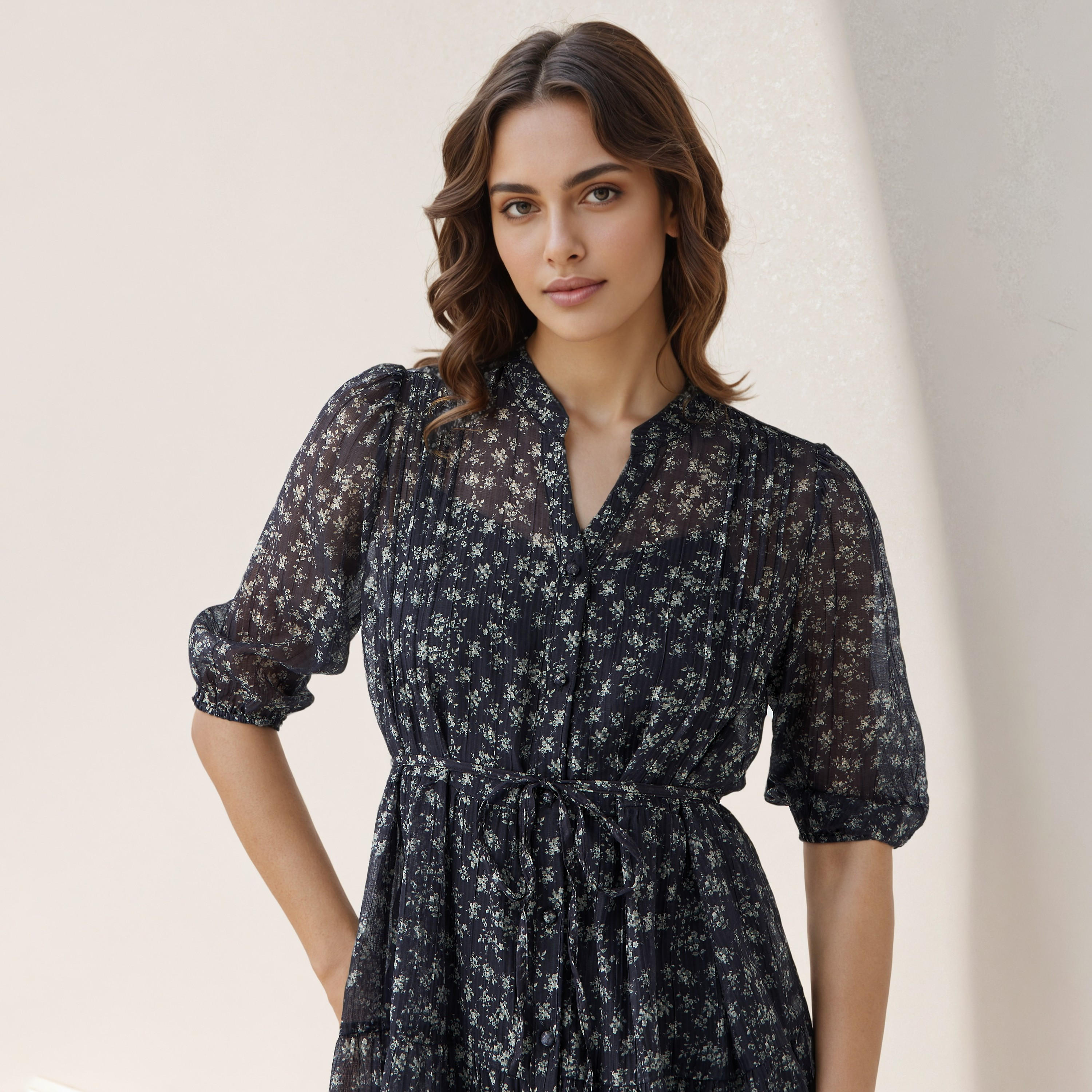 Floral Print Midi Women Dress with Pintuck Detail-women-clothing-dresses-image-4