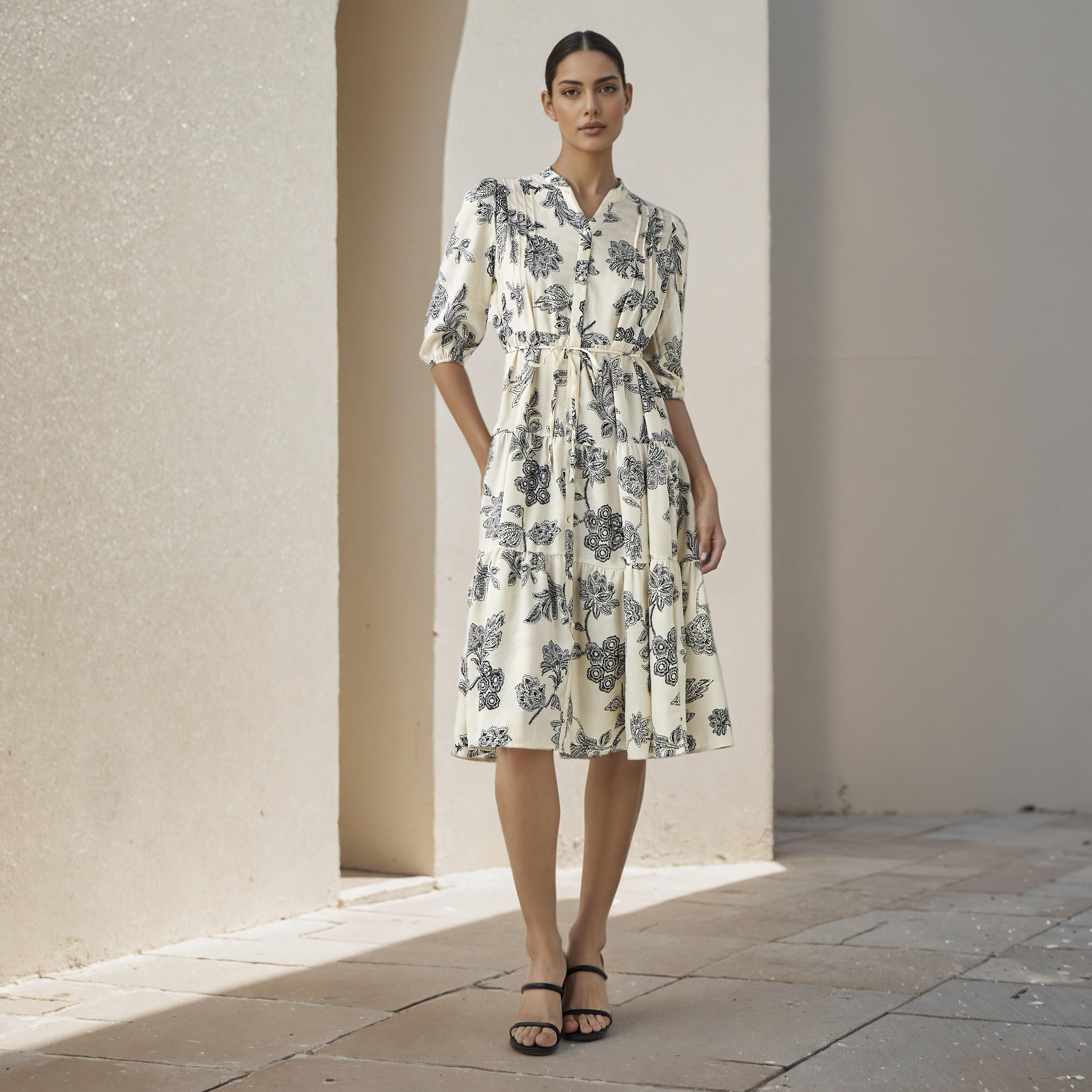 Floral Print Midi Women Dress with Pintuck Detail-women-clothing-dresses-image-2