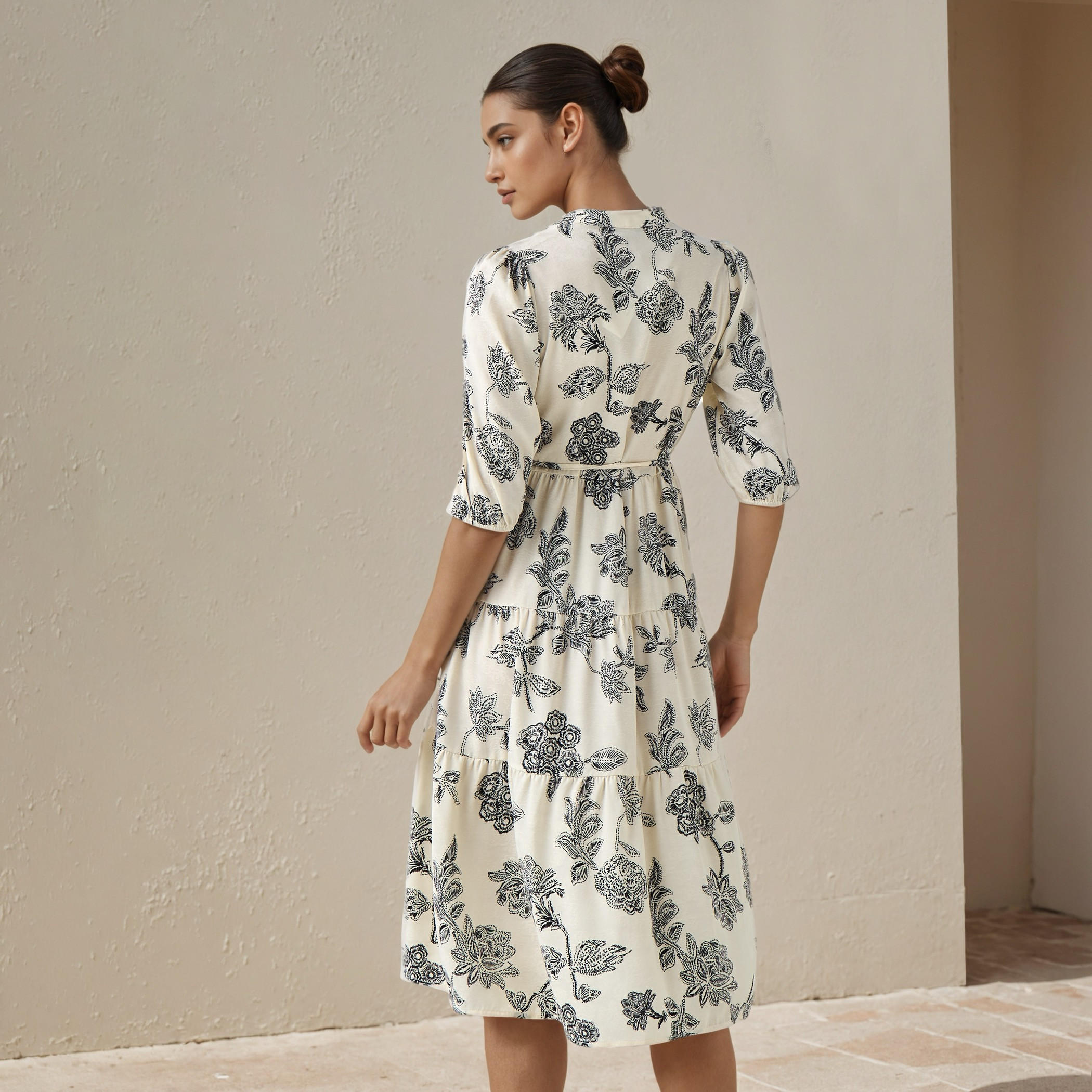 Floral Print Midi Women Dress with Pintuck Detail-women-clothing-dresses-image-3