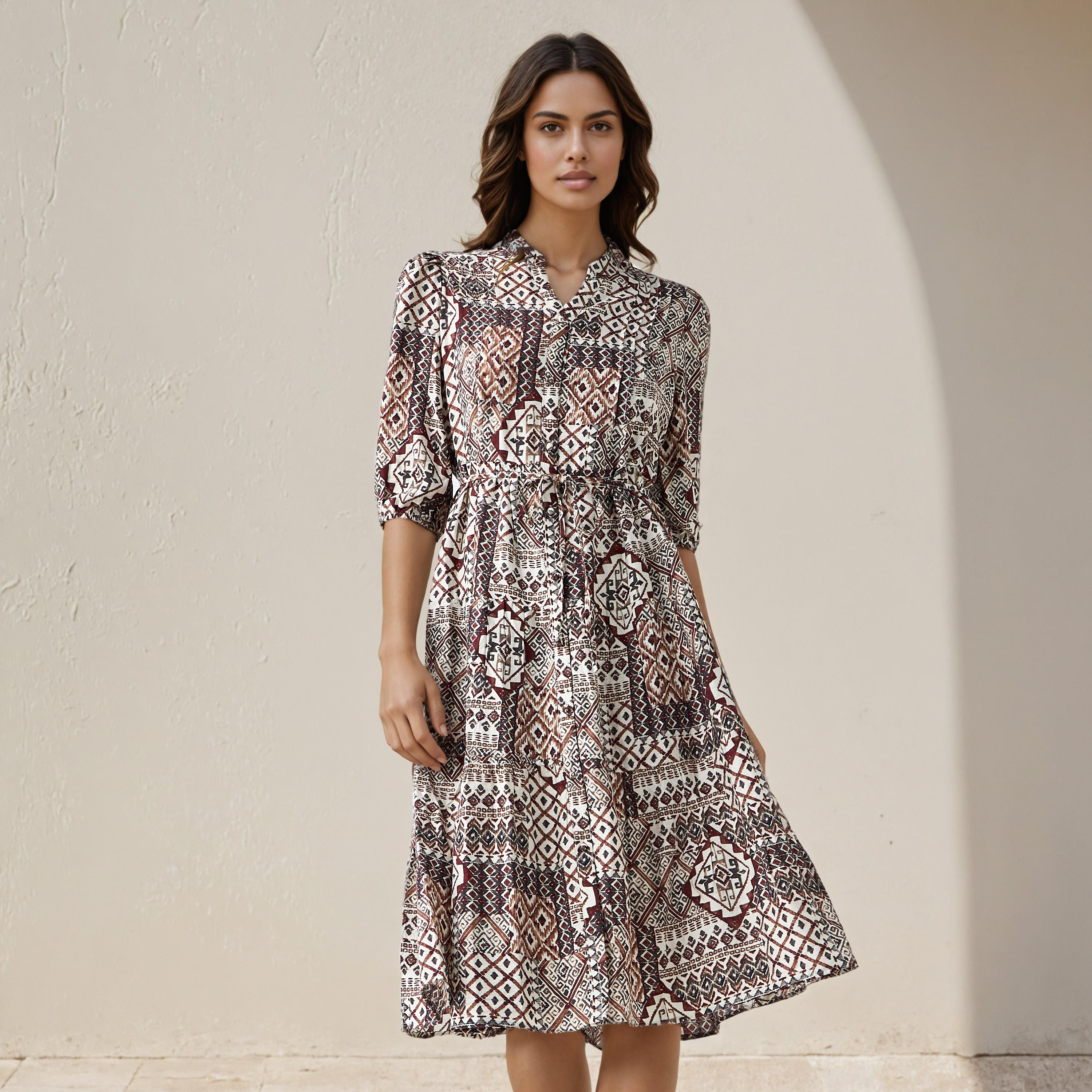 Printed Midi Women Dress with Pintuck Detail Viscose-women-clothing-dresses-image-1