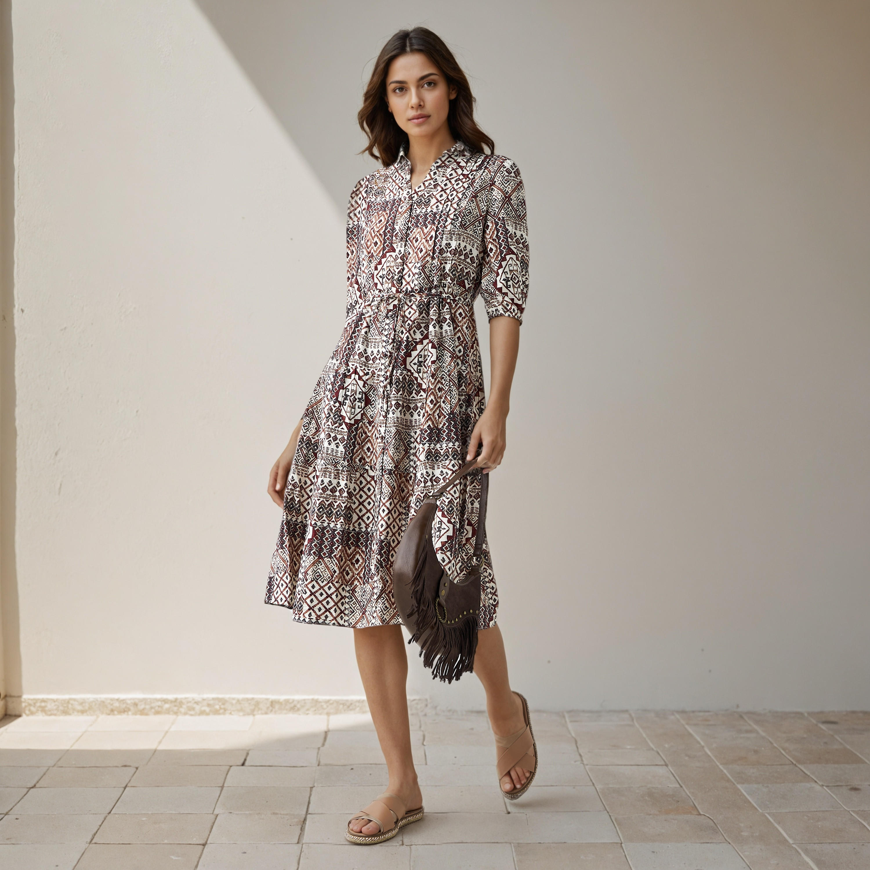 Printed Midi Women Dress with Pintuck Detail Viscose-women-clothing-dresses-image-2