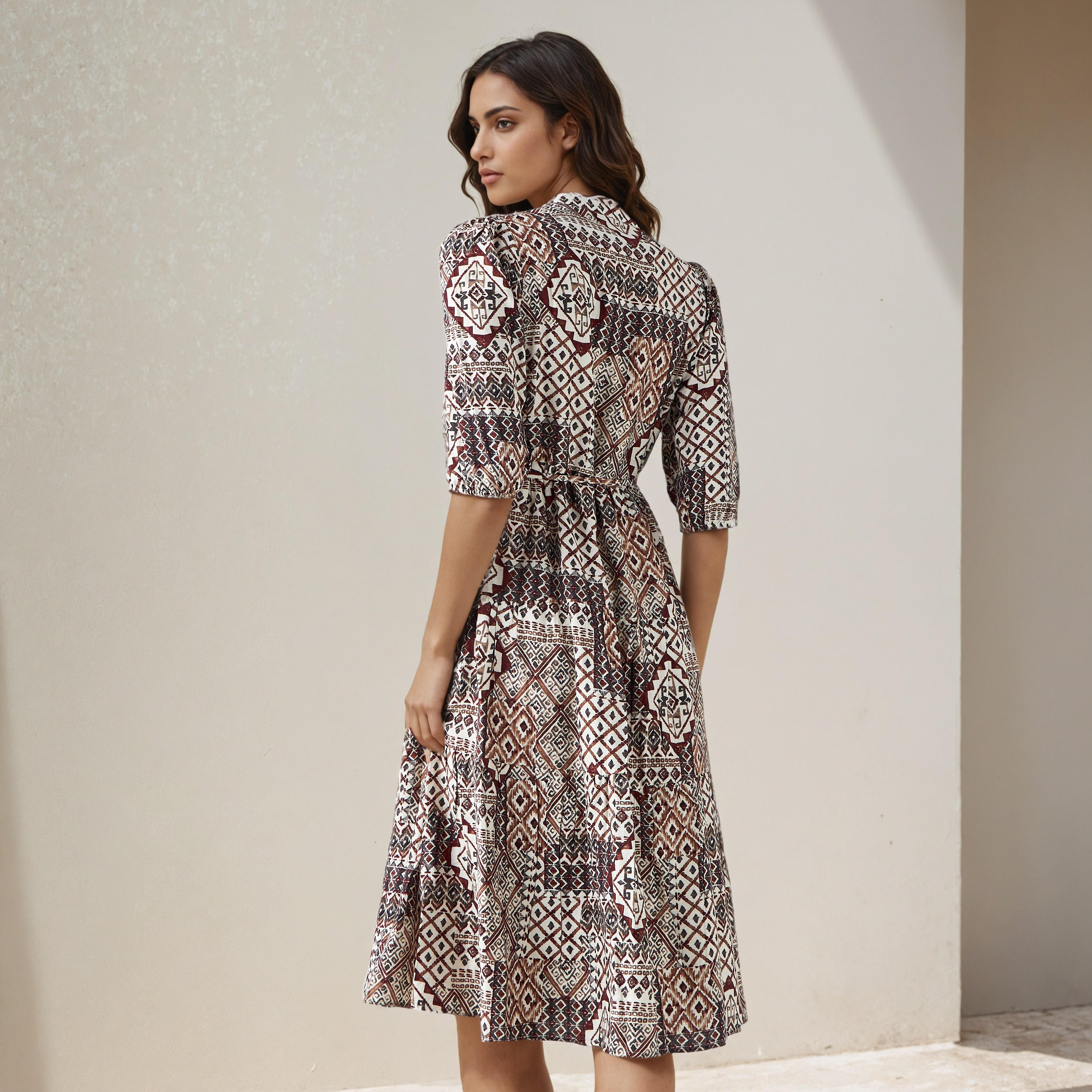 Printed Midi Women Dress with Pintuck Detail Viscose-women-clothing-dresses-image-3