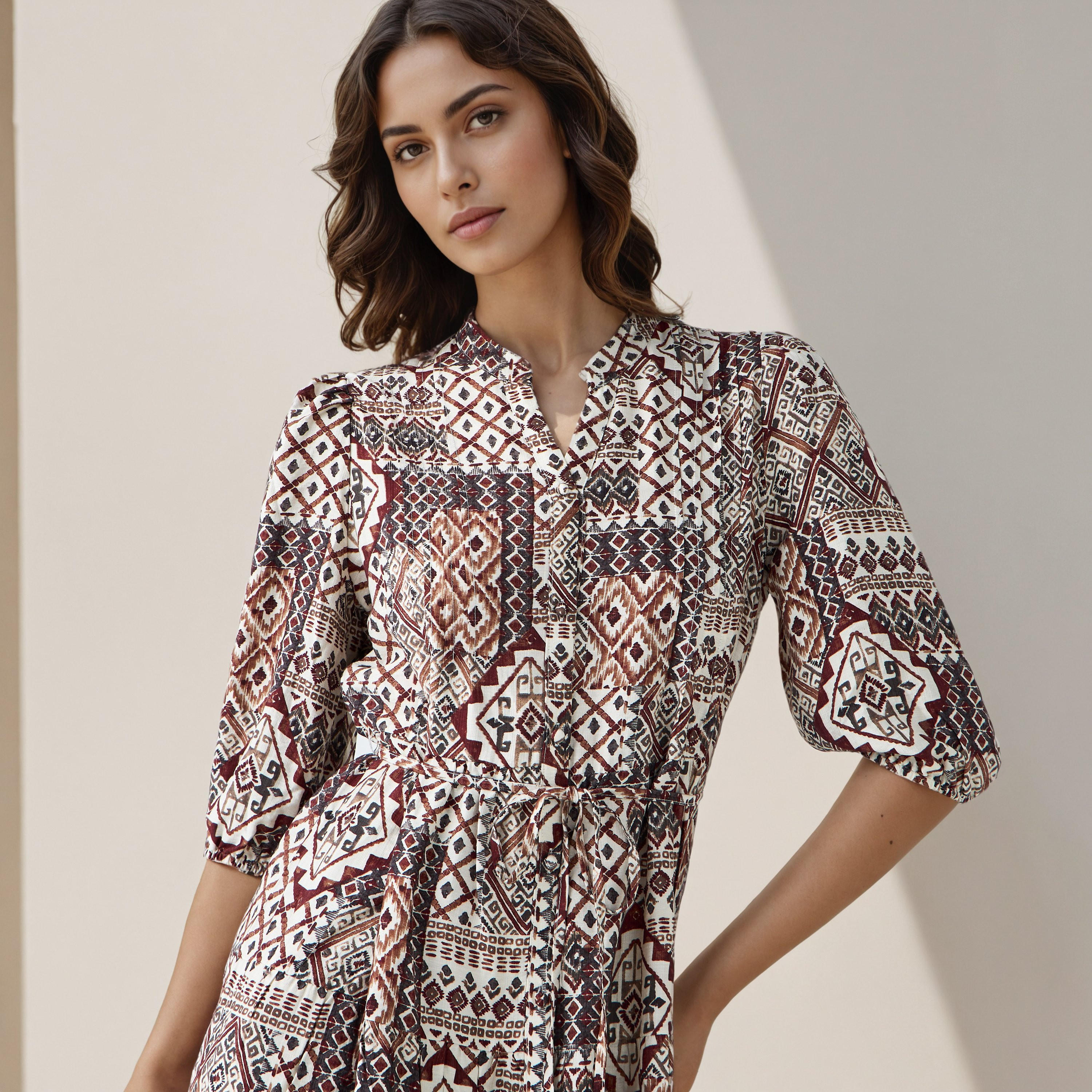 Printed Midi Women Dress with Pintuck Detail Viscose-women-clothing-dresses-image-4