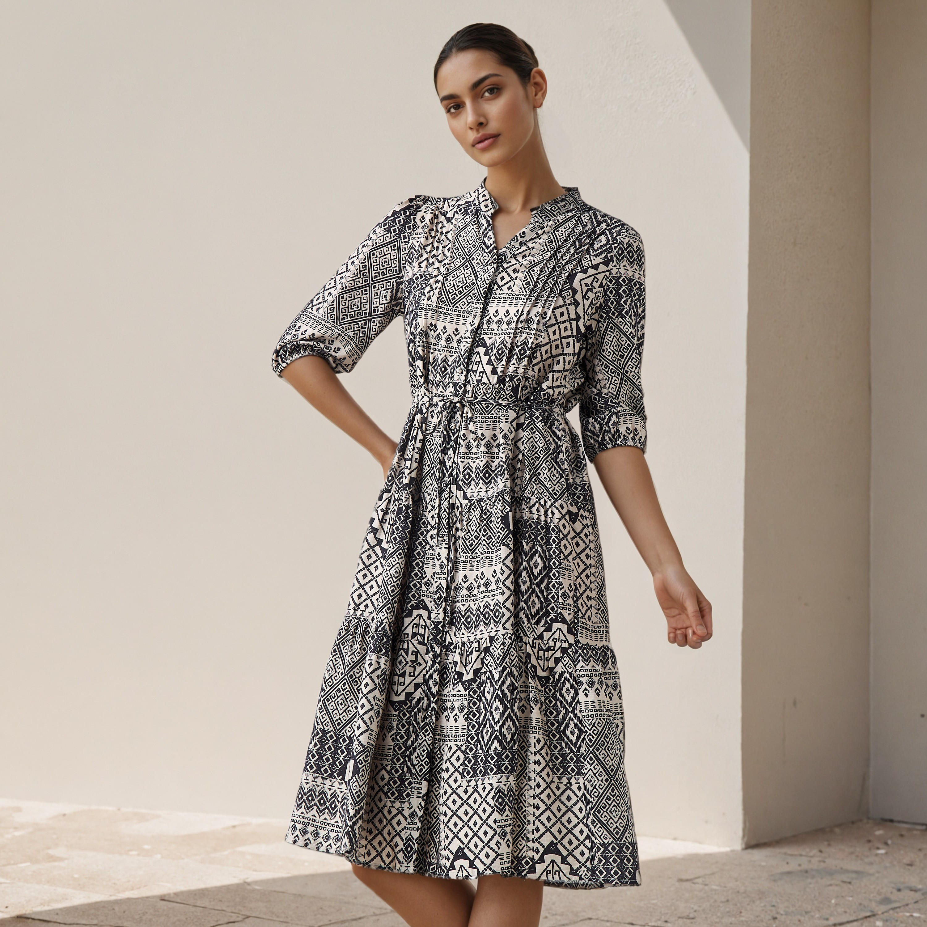 فستان ميدي بطبعات وتفاصيل بينتوك فيسكوز للنساء-women-clothing-dresses-image-1