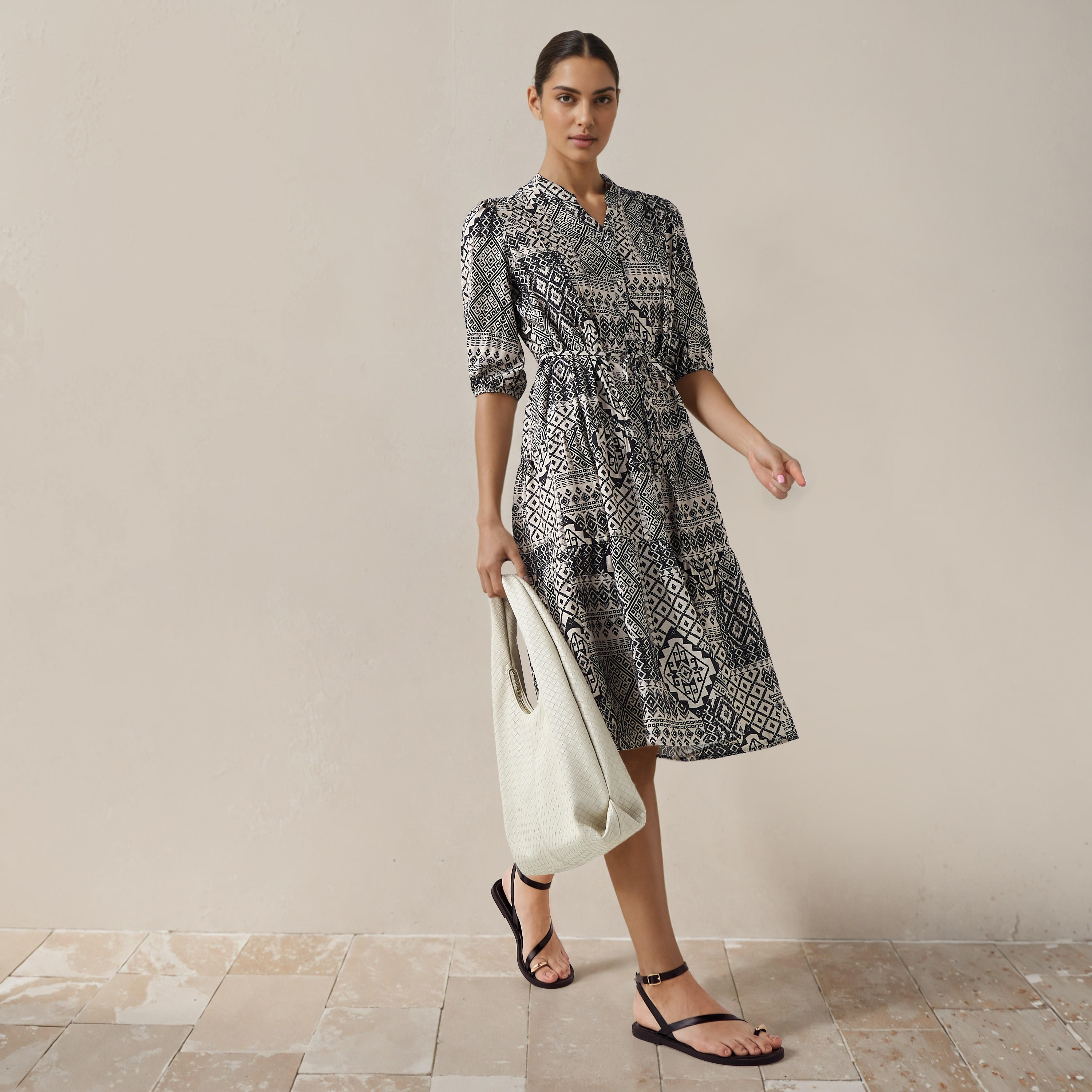 فستان ميدي بطبعات وتفاصيل بينتوك فيسكوز للنساء-women-clothing-dresses-image-2