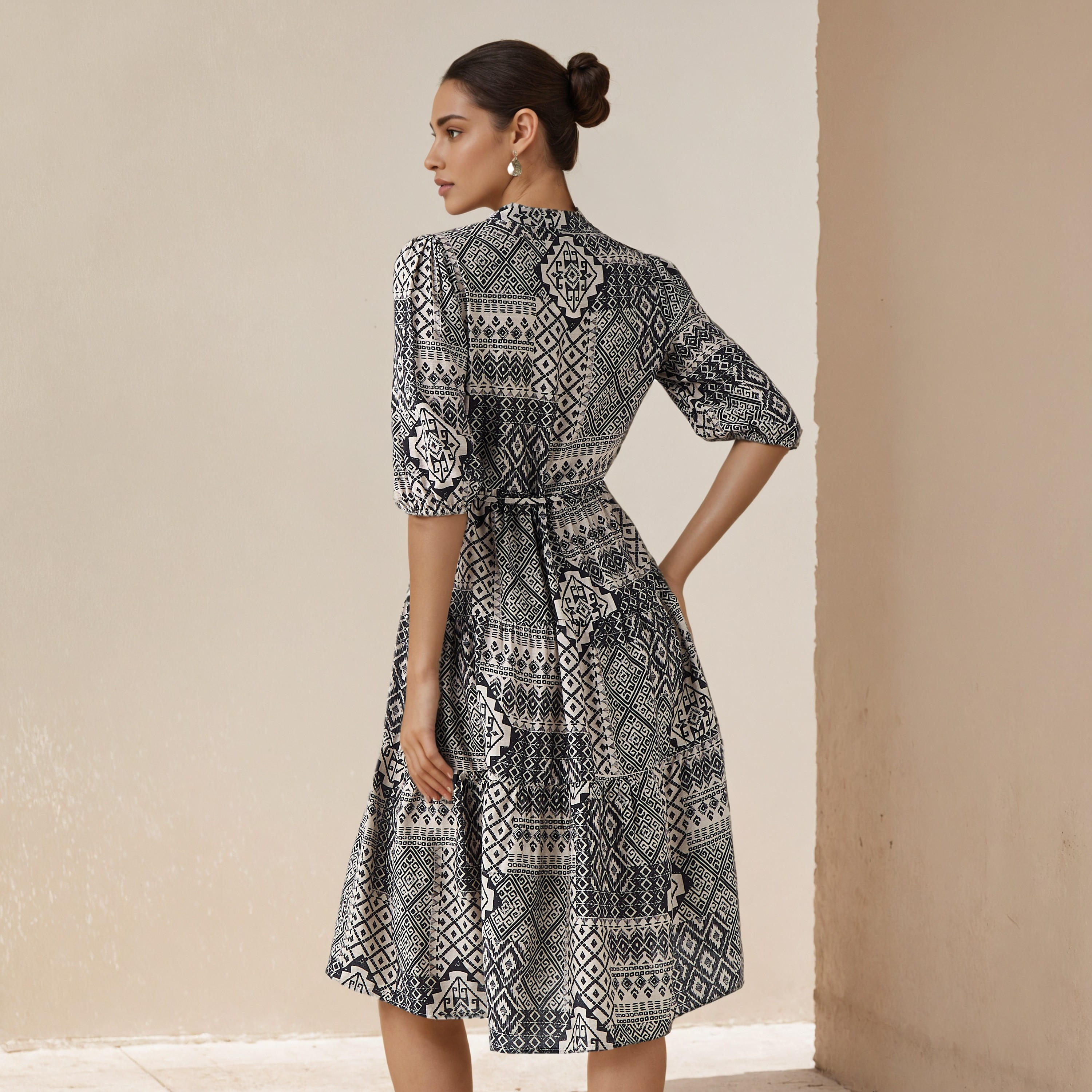 فستان ميدي بطبعات وتفاصيل بينتوك فيسكوز للنساء-women-clothing-dresses-image-3