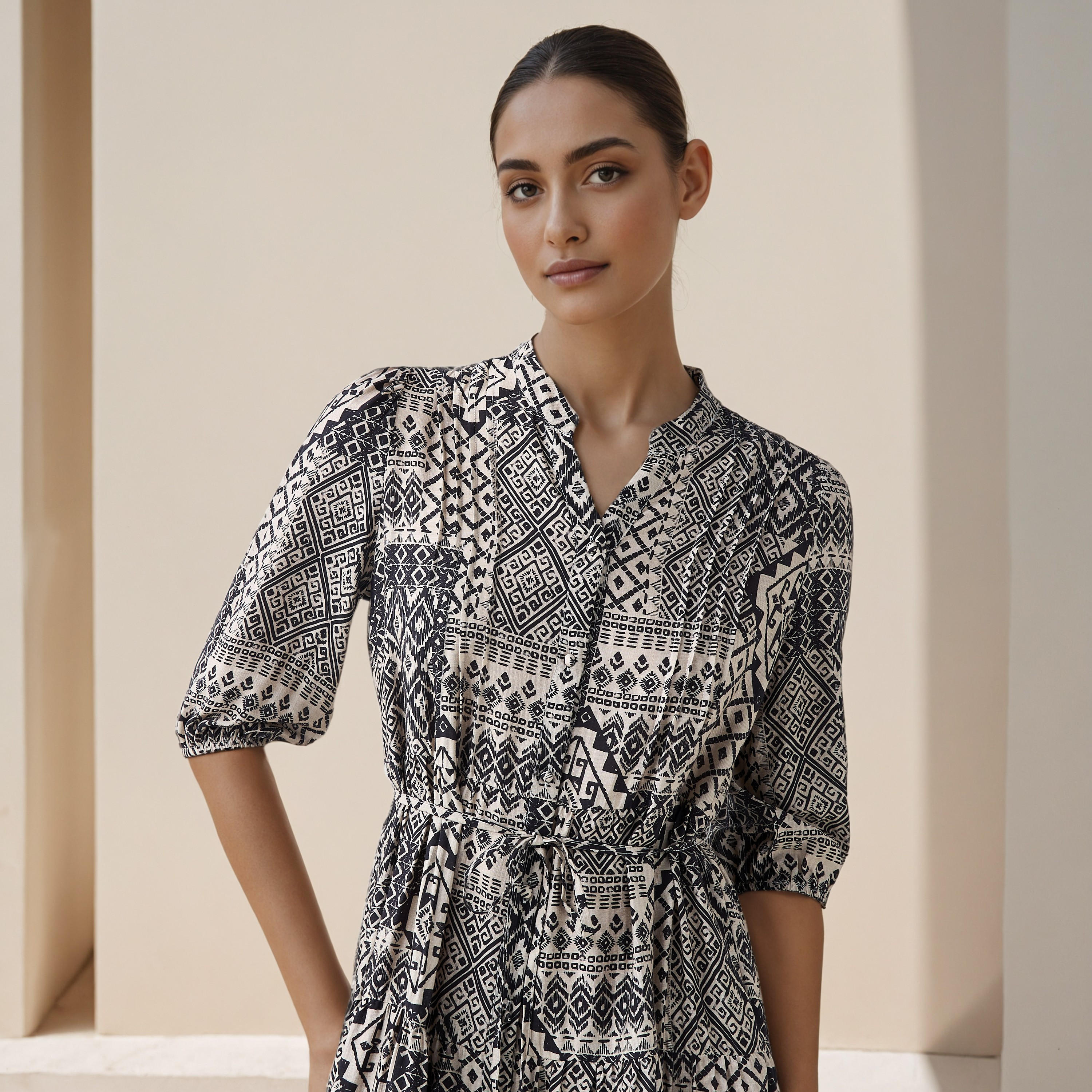 فستان ميدي بطبعات وتفاصيل بينتوك فيسكوز للنساء-women-clothing-dresses-image-4