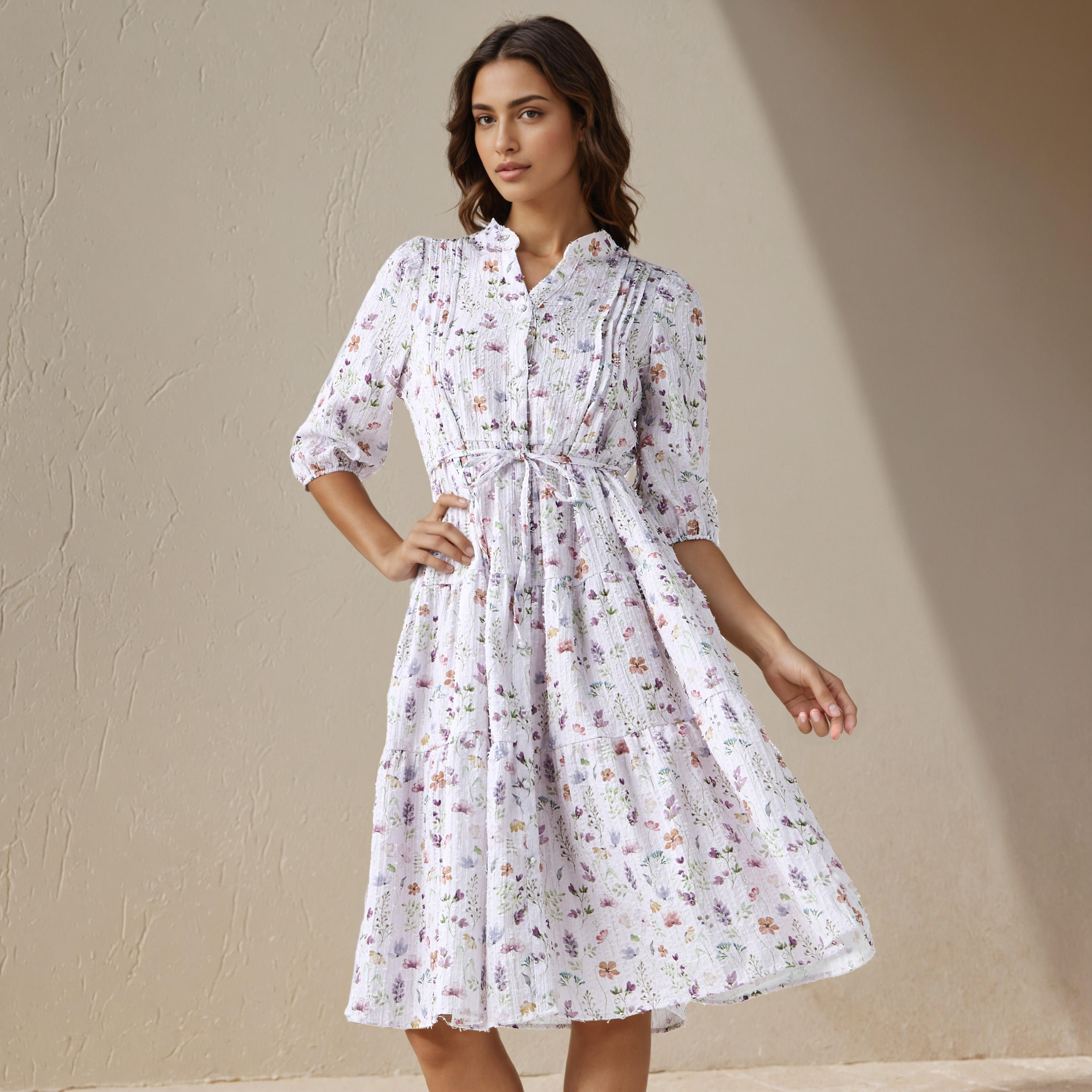 فستان نسائي ميدي بطبعة زهور وتفاصيل كسرات-women-clothing-dresses-image-1