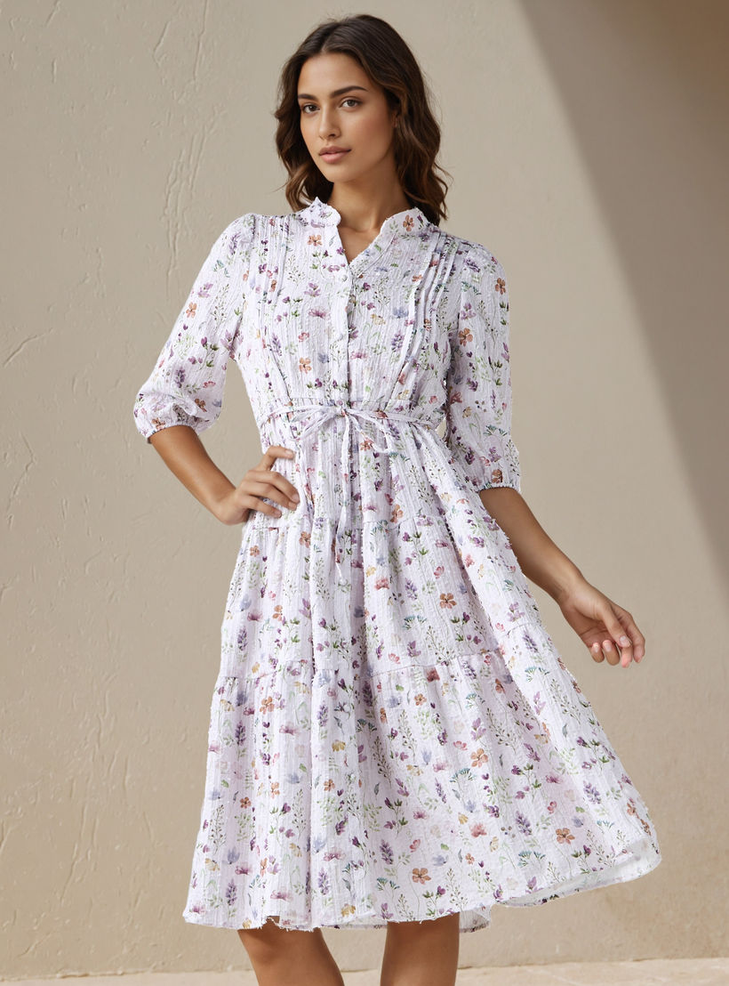 فستان نسائي ميدي بطبعة زهور وتفاصيل كسرات-women-clothing-dresses-image-1