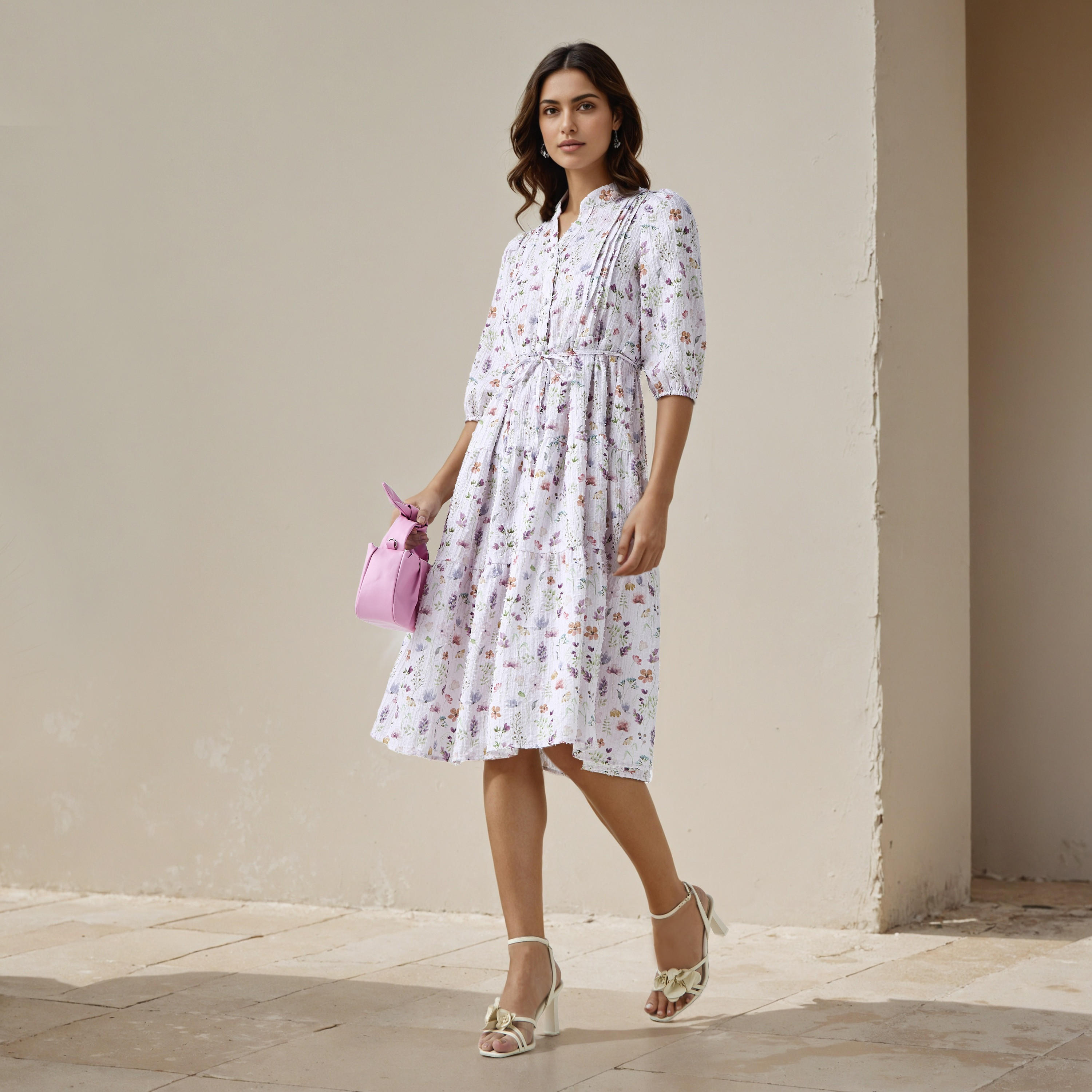 Floral Print Midi Women Dress with Pintuck Detail-women-clothing-dresses-image-2