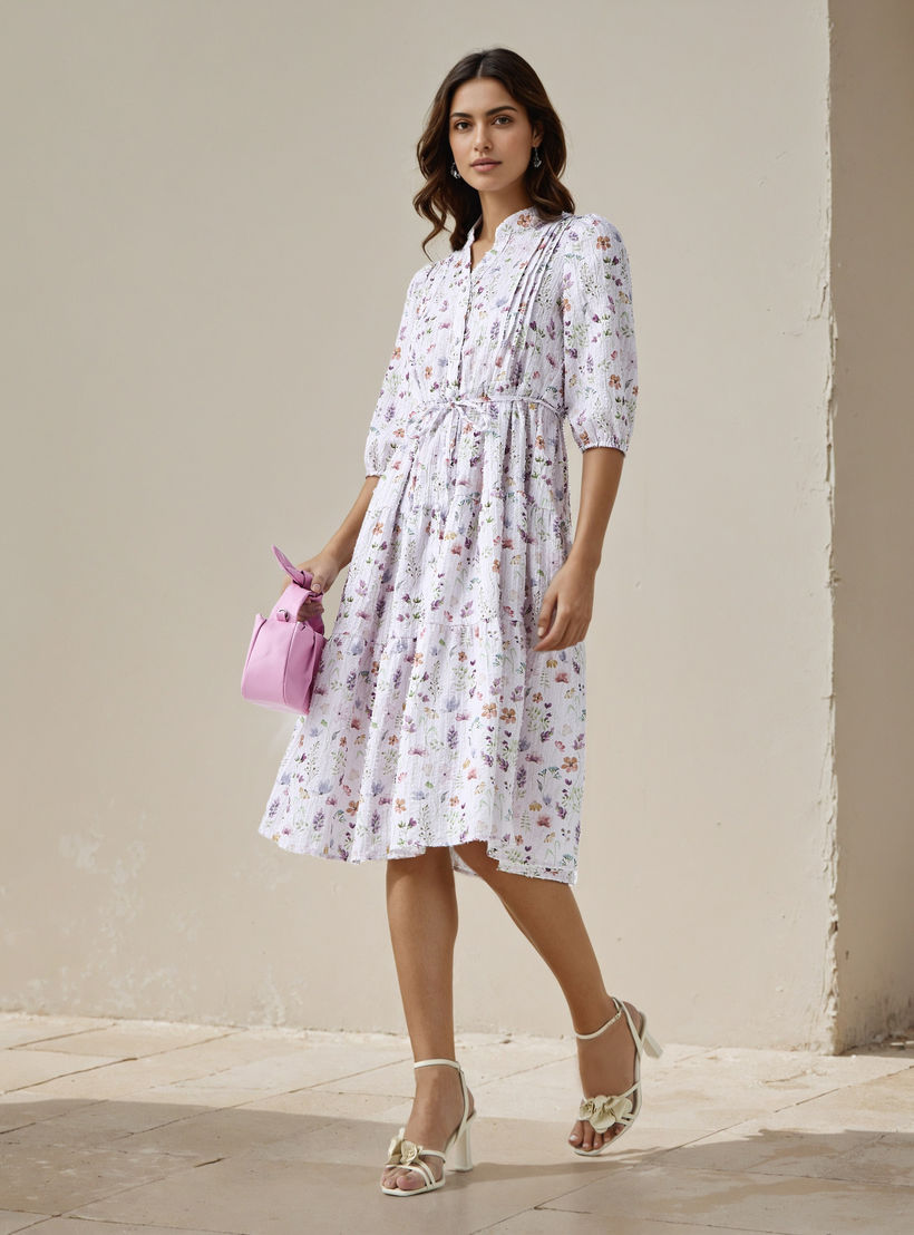 فستان نسائي ميدي بطبعة زهور وتفاصيل كسرات-women-clothing-dresses-image-2