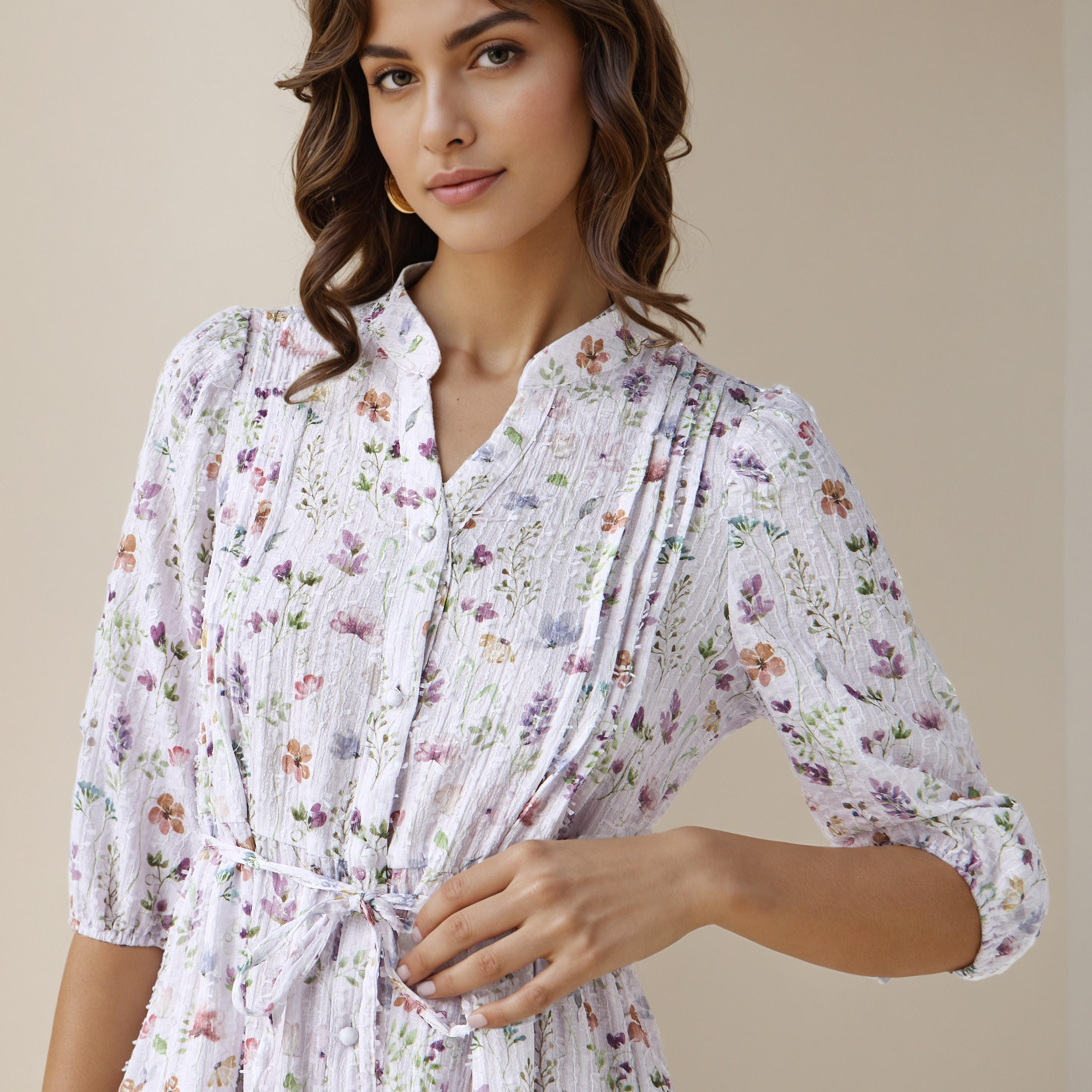 فستان نسائي ميدي بطبعة زهور وتفاصيل كسرات-women-clothing-dresses-image-4