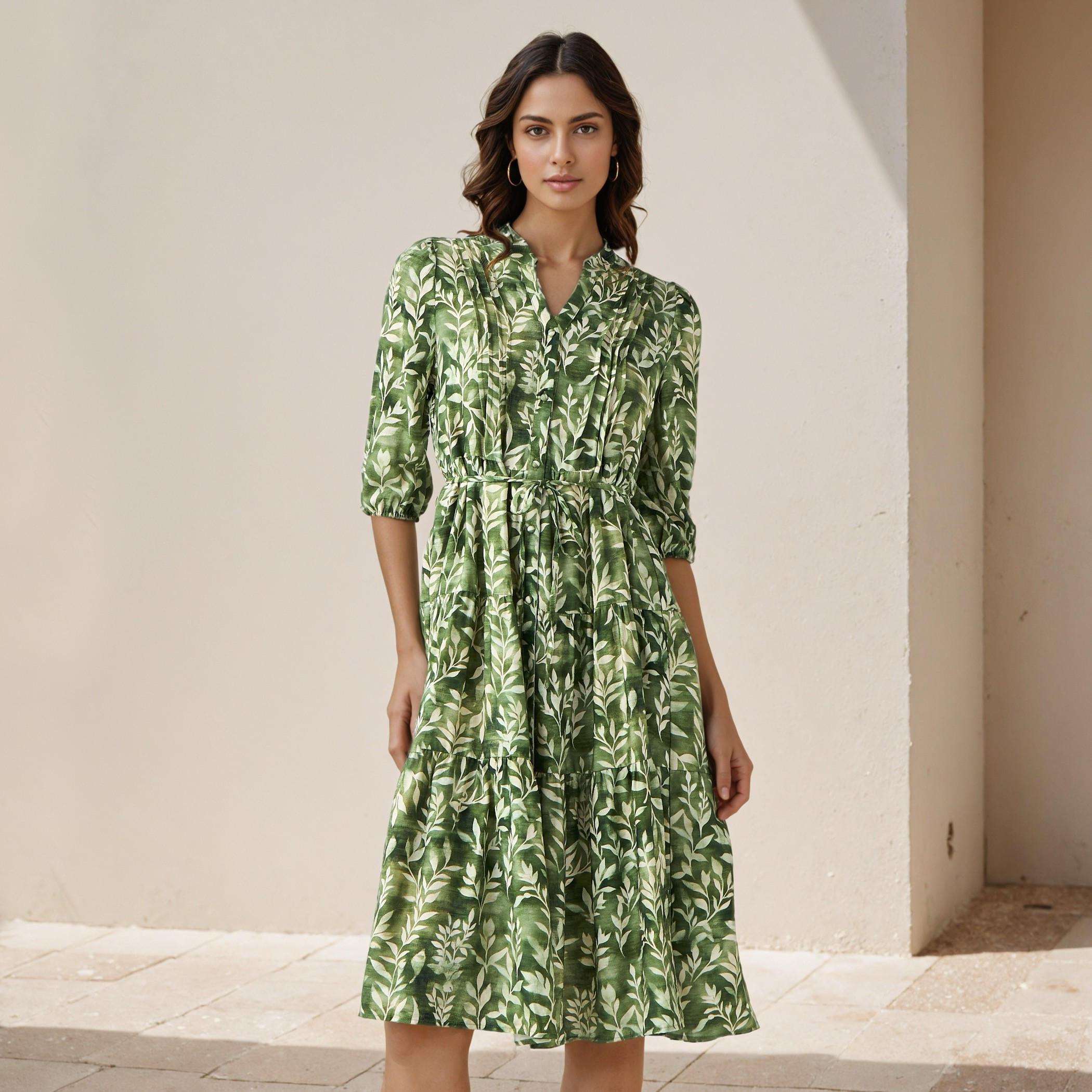 Printed Midi Women Dress with Pintuck Detail Viscose-women-clothing-dresses-image-1