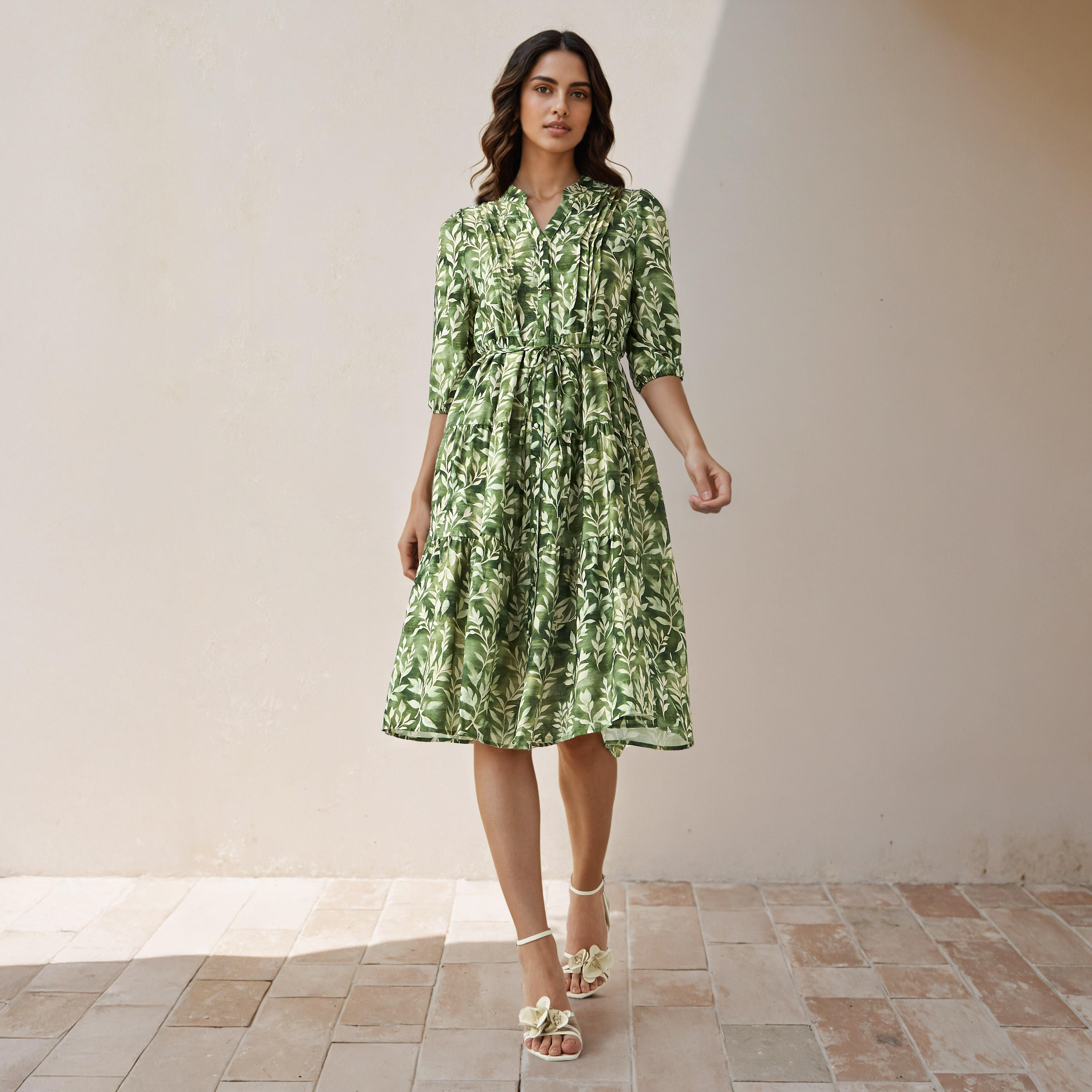 Printed Midi Women Dress with Pintuck Detail Viscose-women-clothing-dresses-image-2
