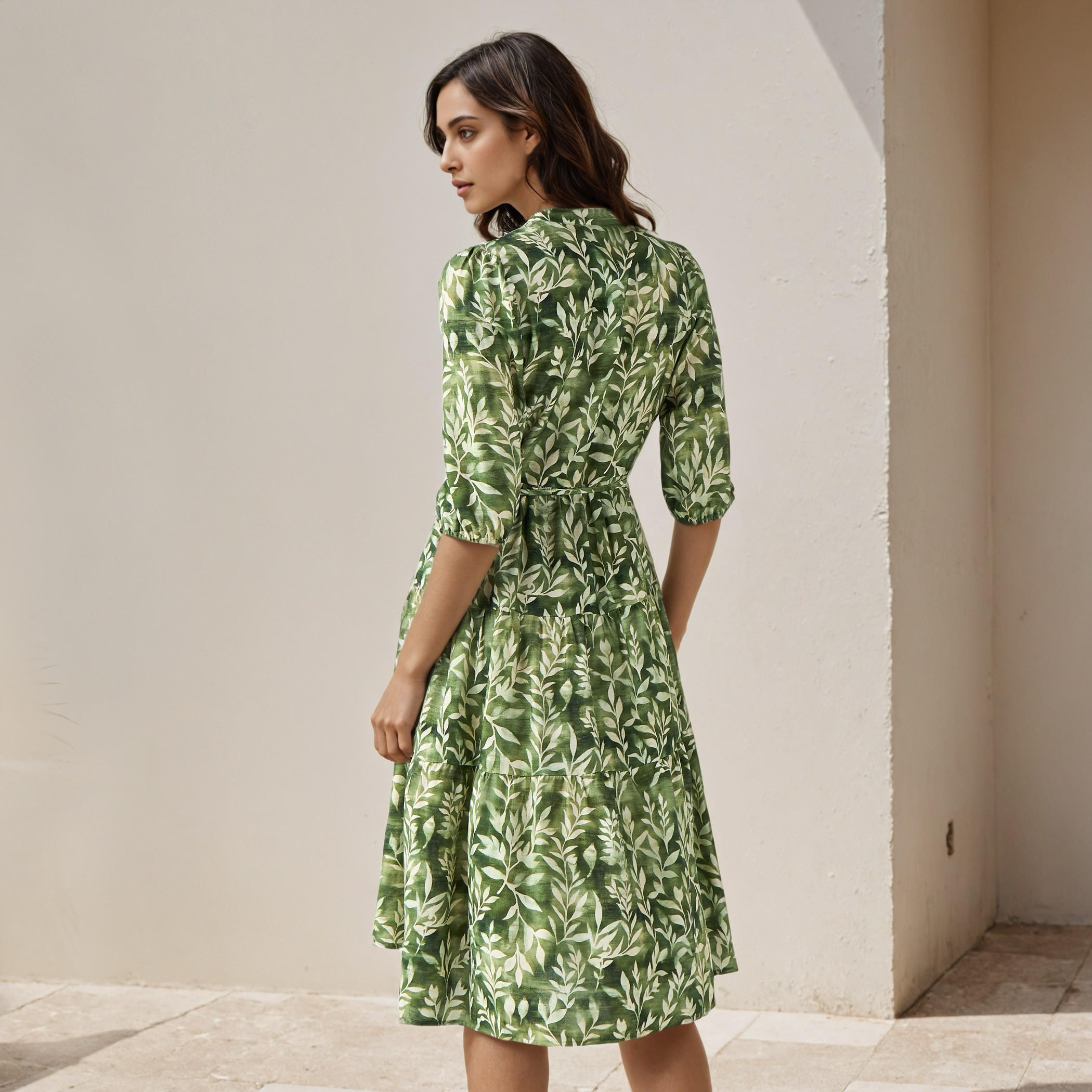 Printed Midi Women Dress with Pintuck Detail Viscose-women-clothing-dresses-image-3