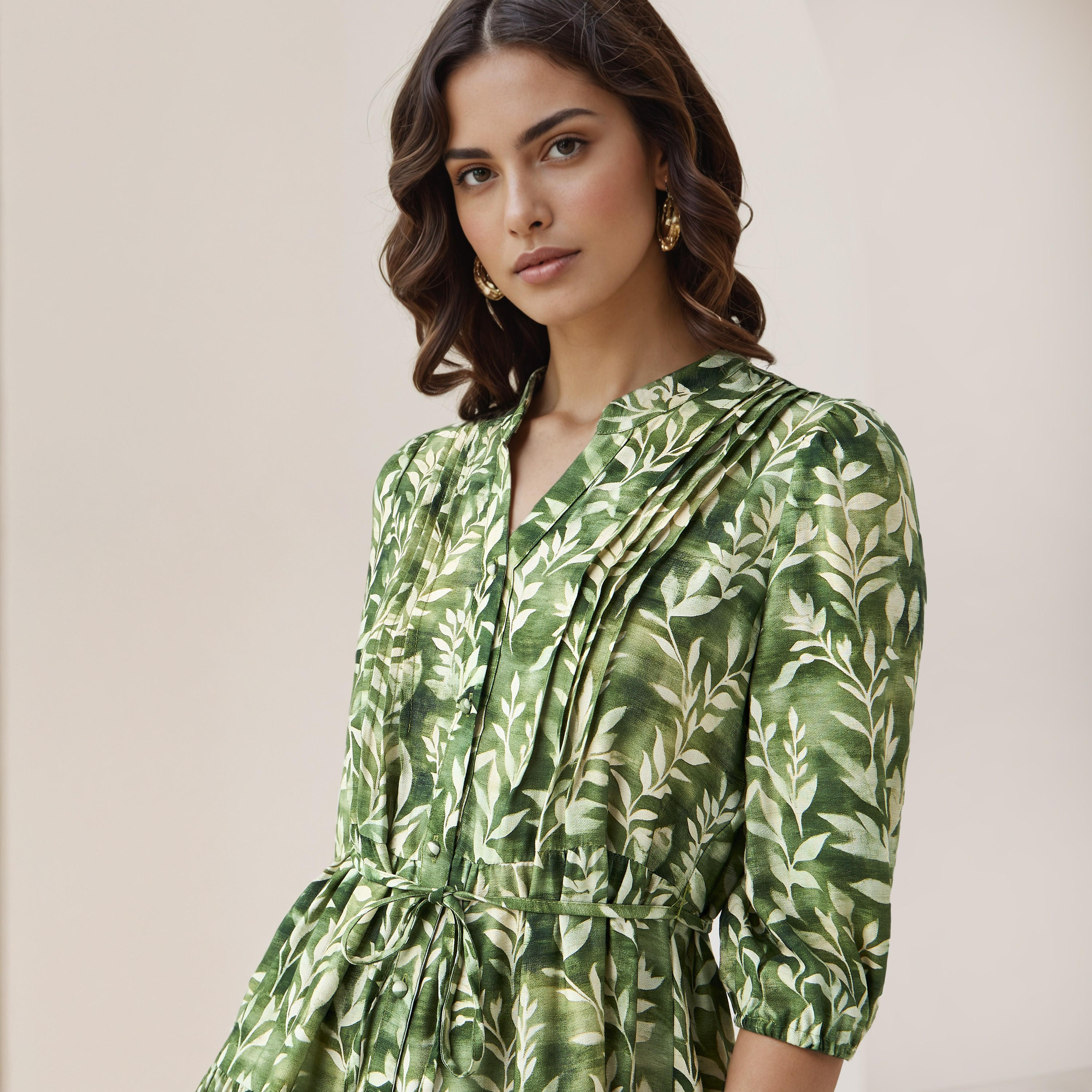 Printed Midi Women Dress with Pintuck Detail Viscose-women-clothing-dresses-image-4