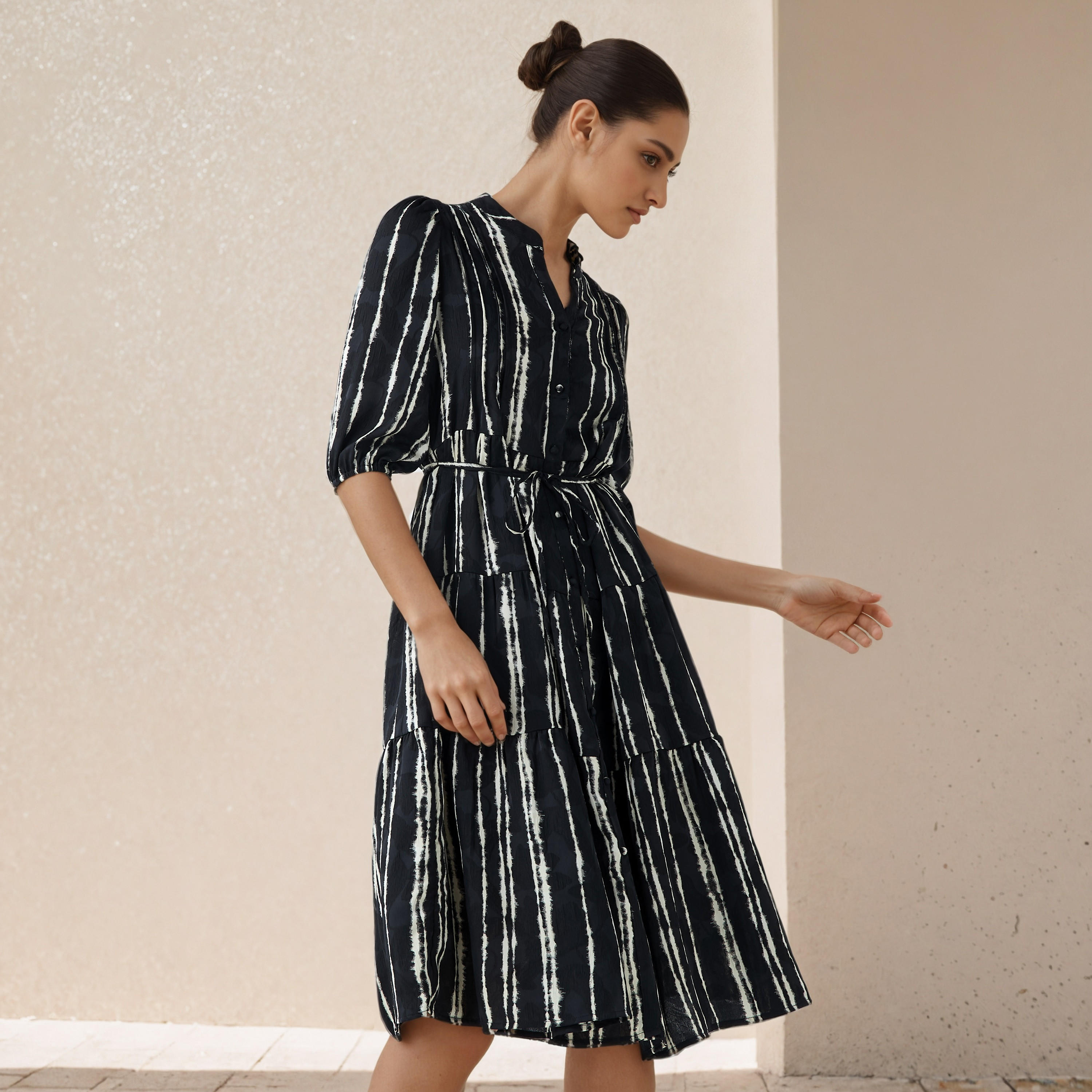 فستان ميدي بطبعات وتفاصيل بينتوك فيسكوز للنساء-women-clothing-dresses-image-1