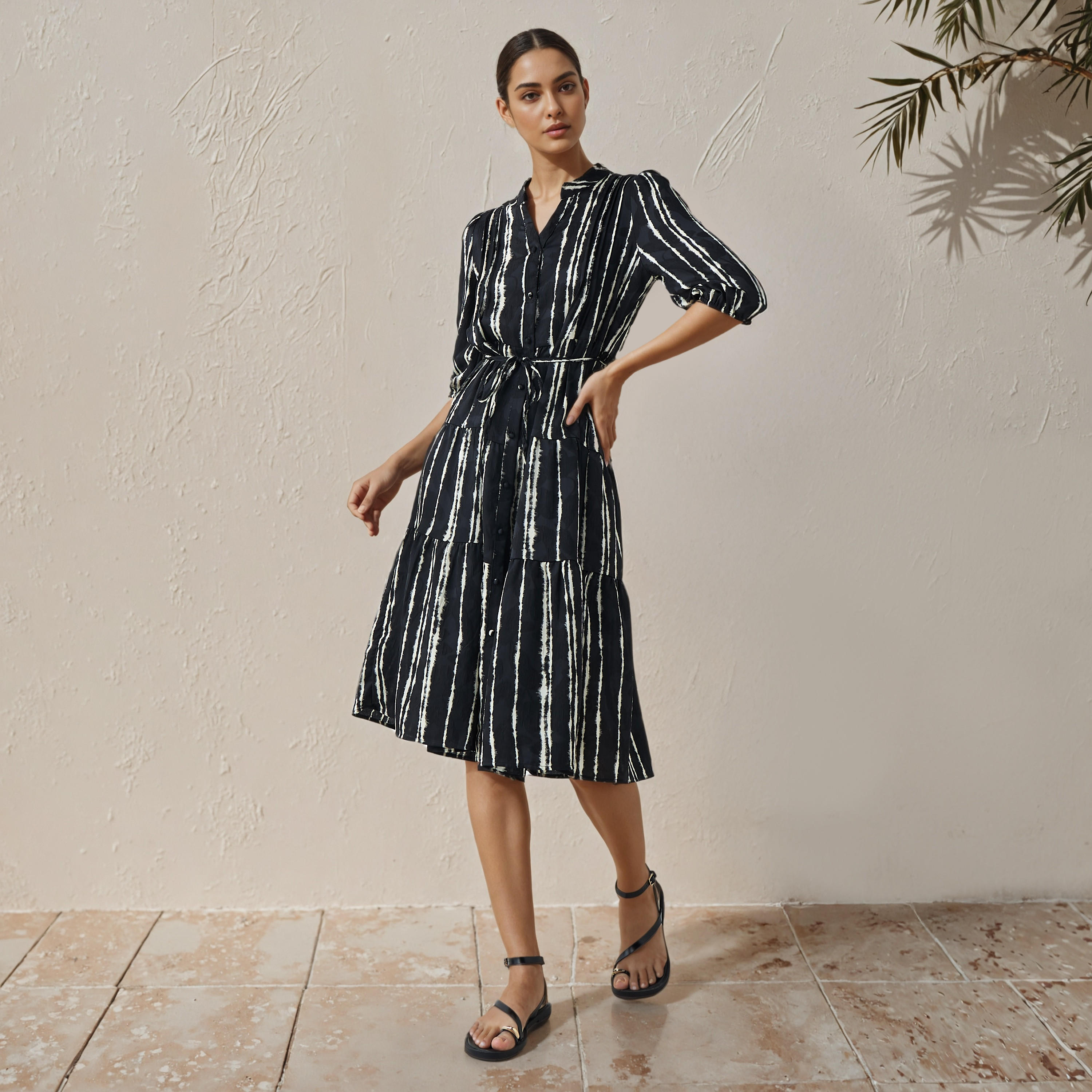 Printed Midi Women Dress with Pintuck Detail Viscose-women-clothing-dresses-image-2
