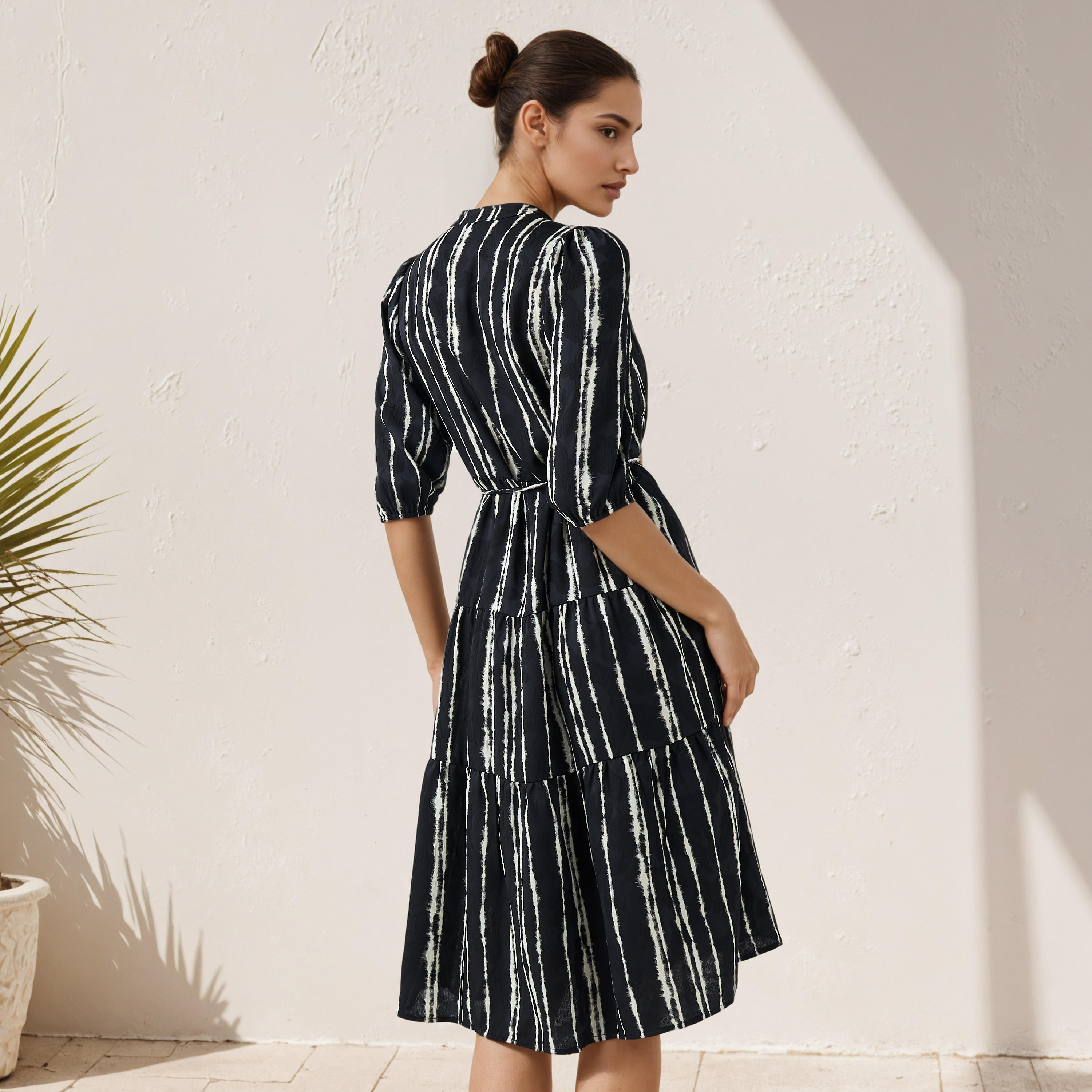 Printed Midi Women Dress with Pintuck Detail Viscose-women-clothing-dresses-image-3